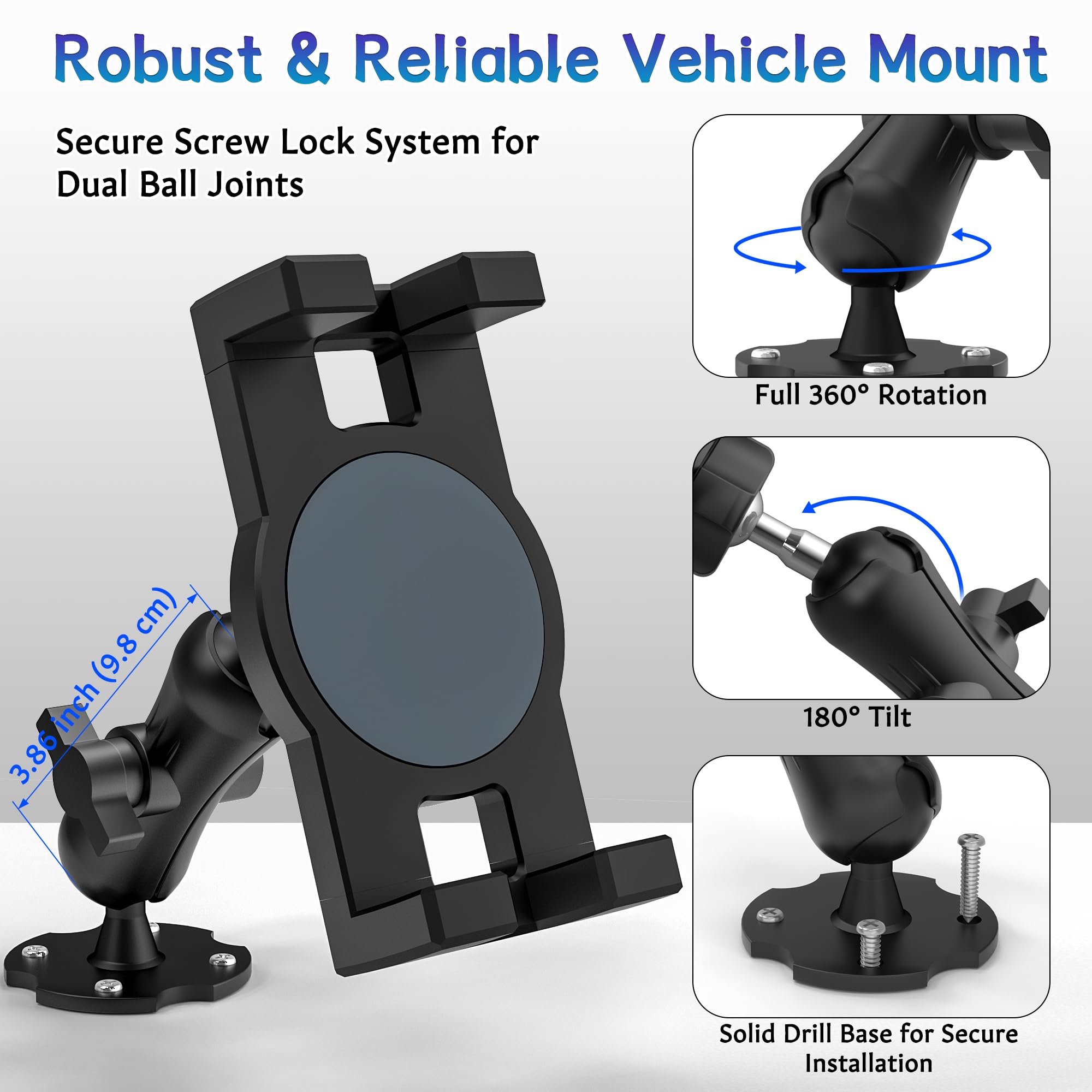Keuvirya Heavy Duty Tablet Mount For Truck & Vehicle, Drill Base Tablet Holder For Truck With Aluminum Arm, Compatible With 4.7'