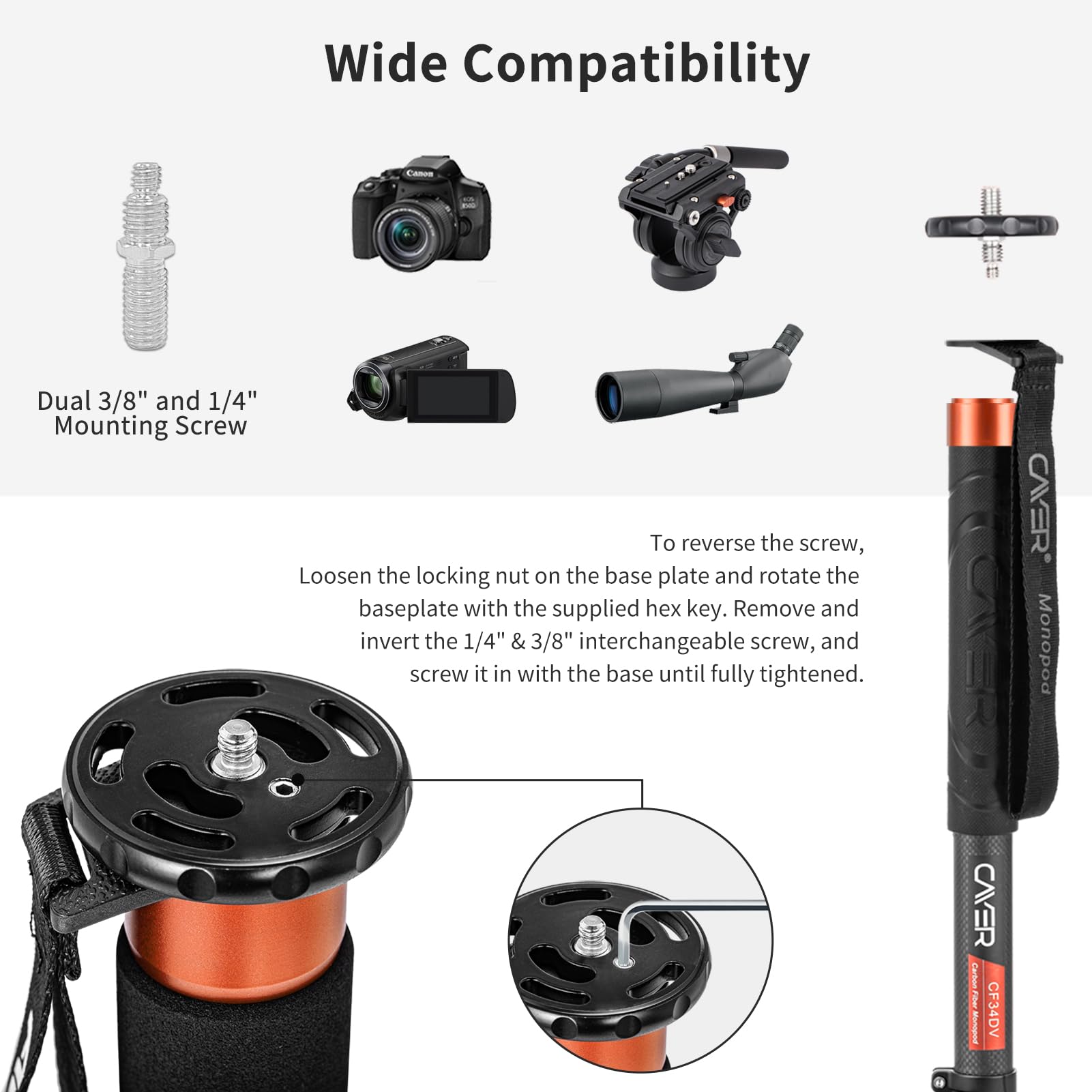 Cayer Fp34 Monopod With Feet, 71 Inch Aluminum Telescopic Camera Monopod With Fluid Head And 3 Leg Tripod Base For Dslr Video Ca