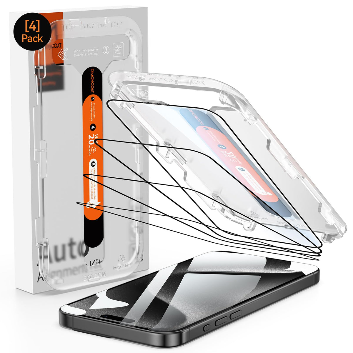 Dimoncoat 4 Pack Screen Protector For Iphone 15 Pro [Auto Alignment Kit] Tempered Glass [10X Military Protection] Compatible Iph
