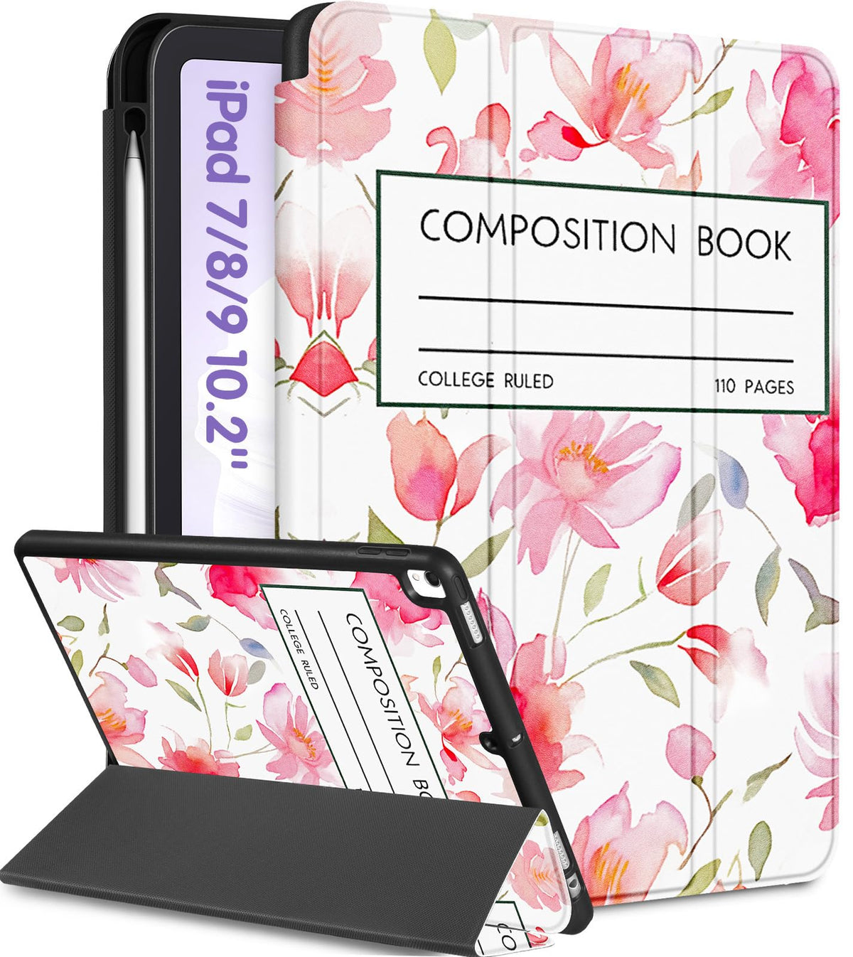Uppuppy For Ipad 9Th/8Th/7Th Generation Case 10.2 Inch Girls Cute Women Folio Smart Cover Pencil Holder Notebook Floral Aestheti
