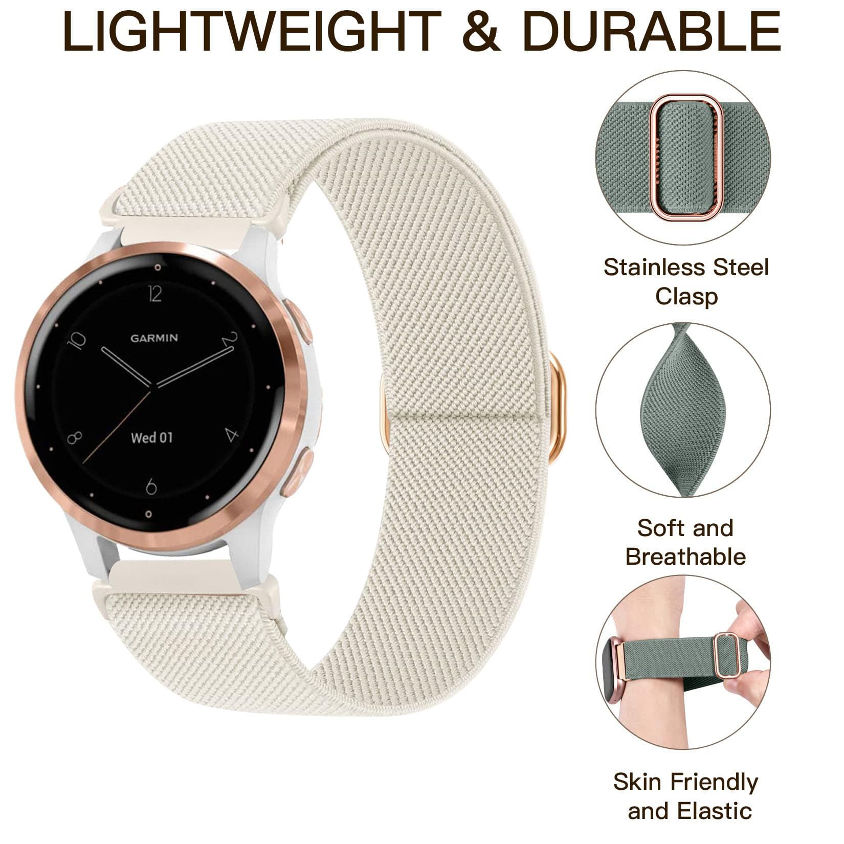 ViCRiOR 5 Pack Stretchy Nylon Watch Bands for Garmin Venu 2S/Vivoactive 4S, 18mm Adjustable Elastic Straps in Black, Starlight, Smok