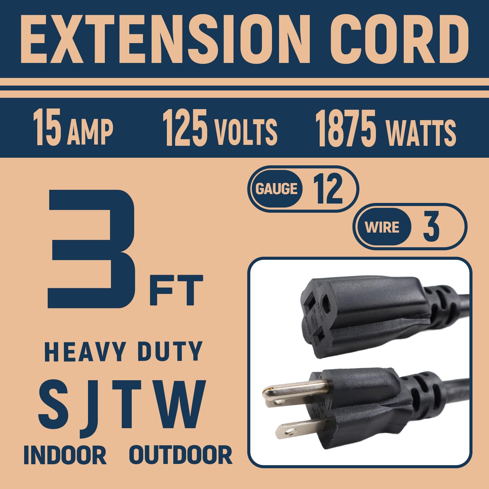 Greenprosper 3 Ft Outdoor Indoor 12 Gauge Extension Cord, 12/3 15 Amp Sjtw Heavy Duty Black Extension Cable With 3 Prong Grounde