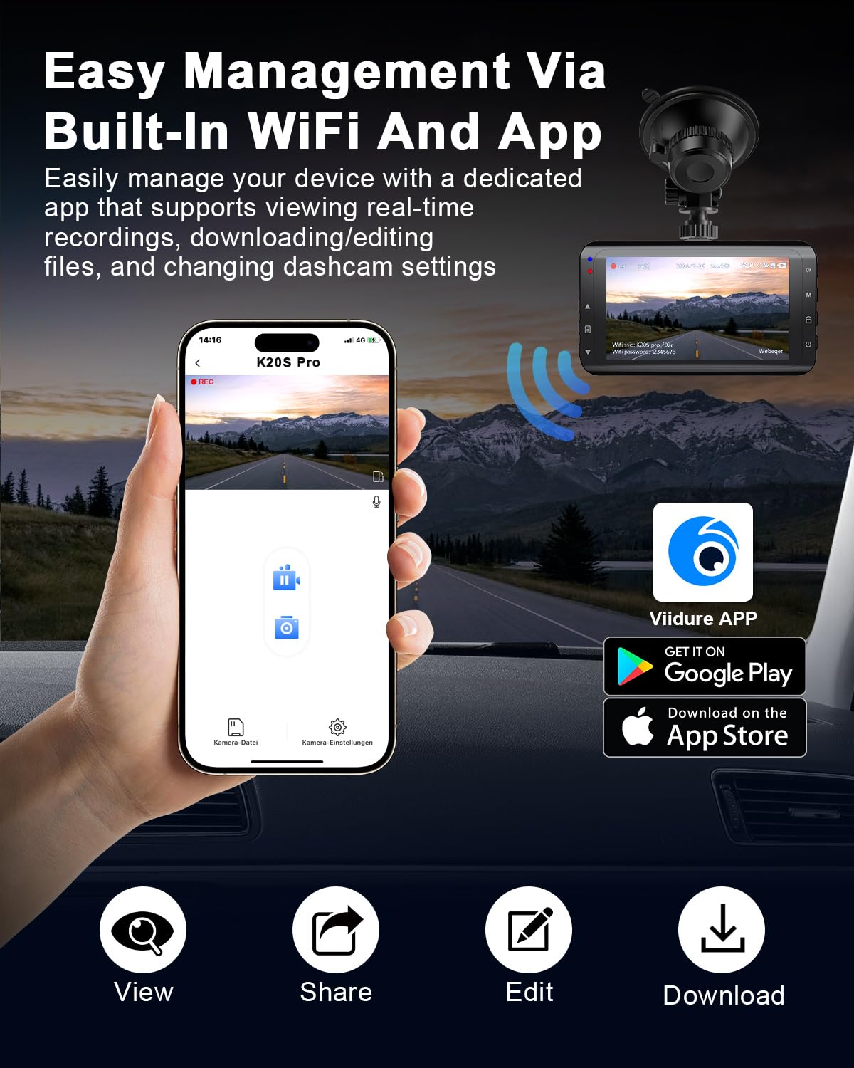Dash Cam Front And Rear,4K Dual Dashcam With 64Gb Card,4K+1080P Wifi Dash Camera For Car,2 Channel Dashboard Camera,3'' Ips Scre