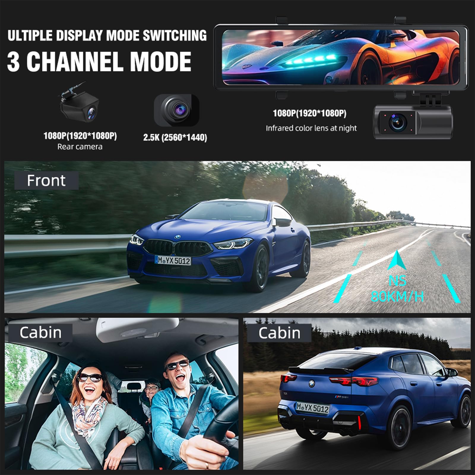 Aprilbay 3 Channel Rear View Mirror Camera, 12'' Hd Mirror Dash Cam Front, Inside And Rear With Wifi, Gps, G Sensor, Reverse Ass