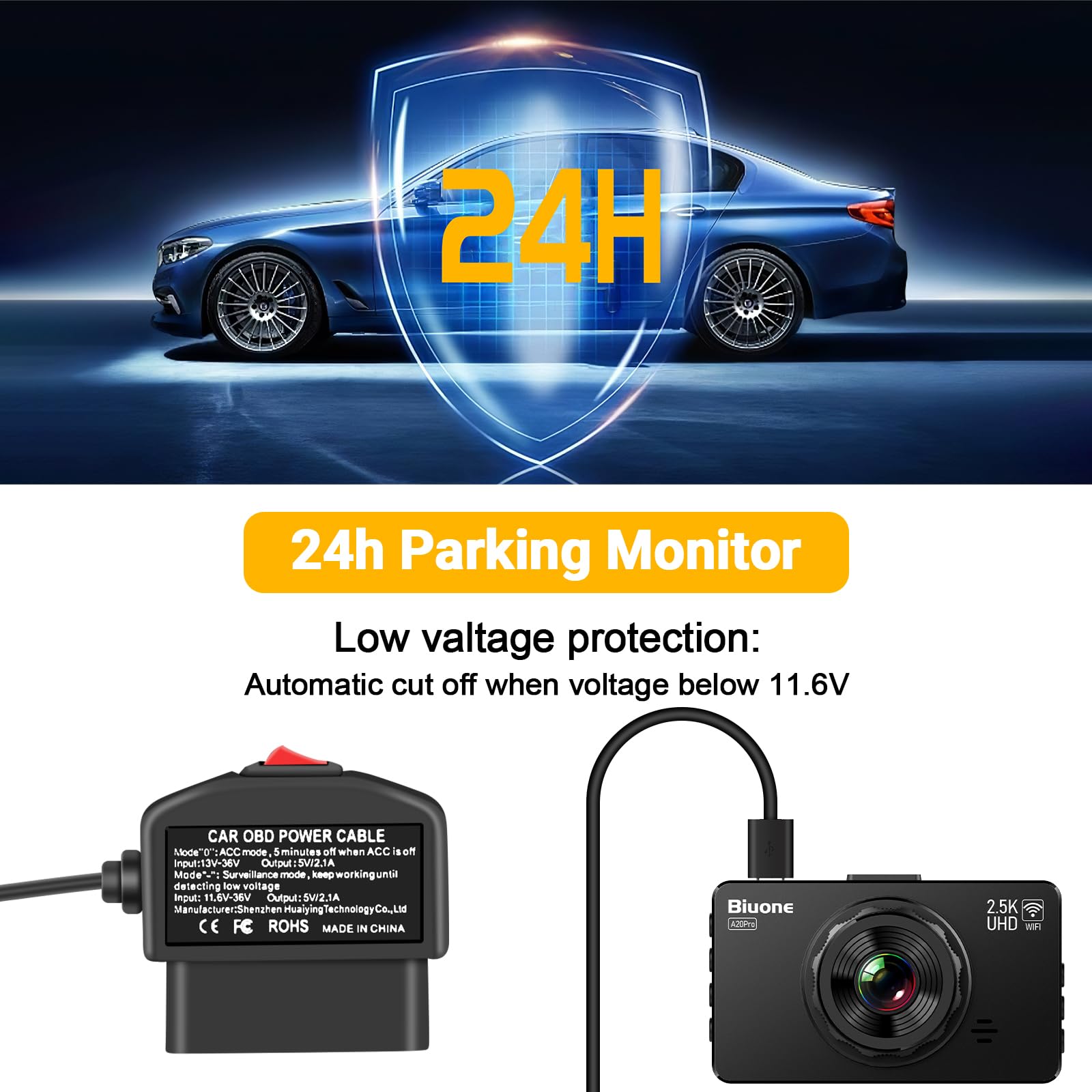 Obd Power Cable For Dash Camera Charger Obd2 To Usb Cable, 24 Hours Surveillance/Acc Mode With Switch Button Obd2 Power Adapter