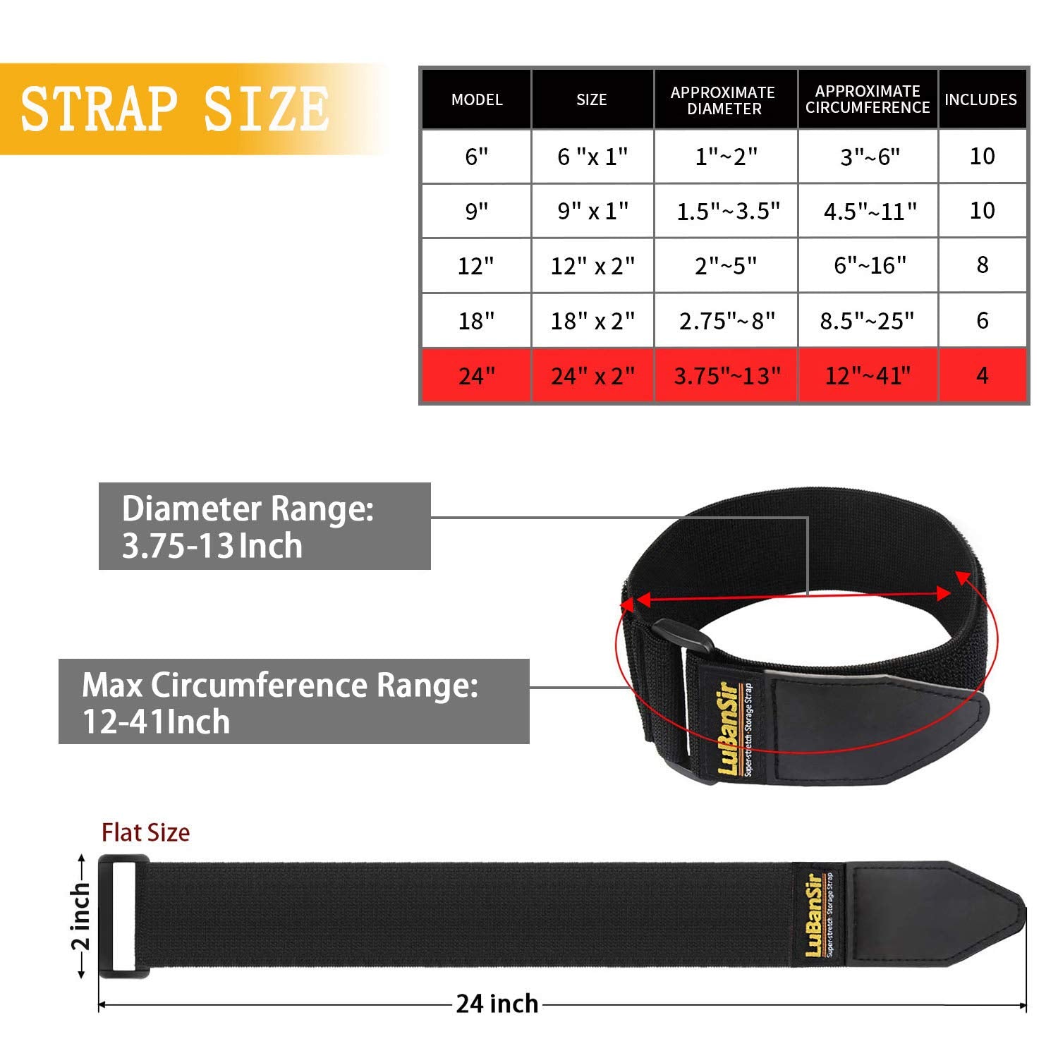Lubansir Cinch Straps, 2'' X 24'' (4 Pack) Elastic Hook And Loop Storage Strap For Extension Cord, Cable, Cord Wrap, Rope And Ho