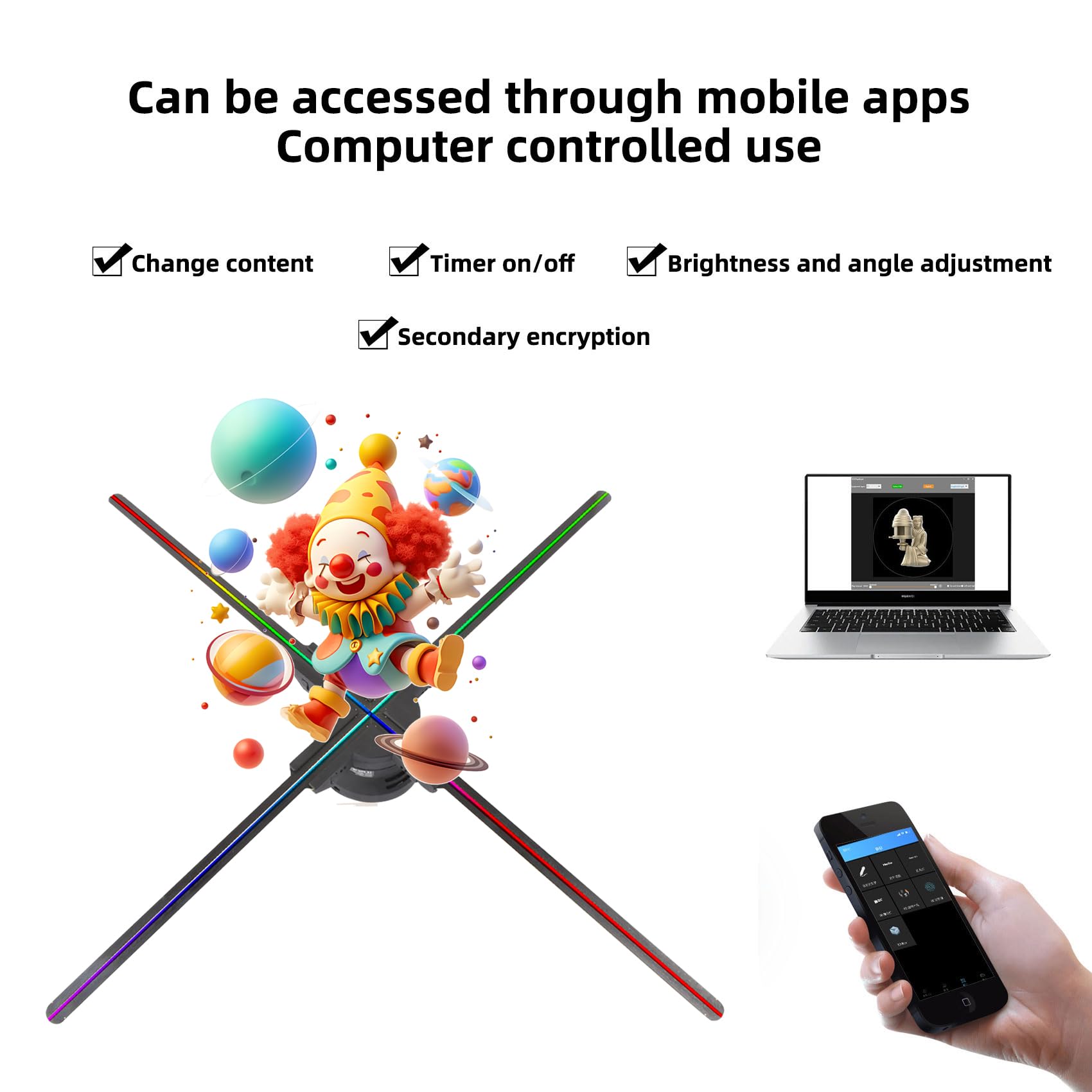 3D Hologram Fan, 25.6 Inch Hologram Projector Screwless Led Lights Hd Led 2000*1444Px Resolution With App And Wifi, Remote Contr