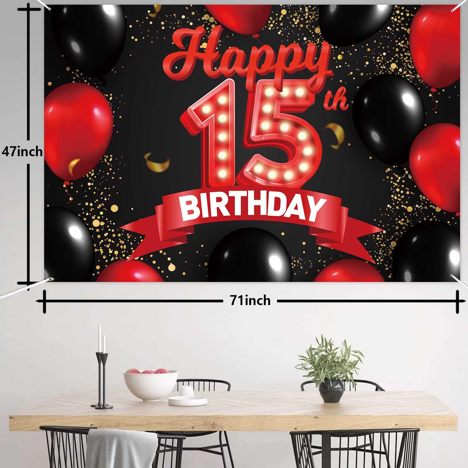 Happy 15Th Birthday Red And Black Banner Backdrop Decorations Balloons Theme Decor For Girls Women Princess 15 Years Old Birthda