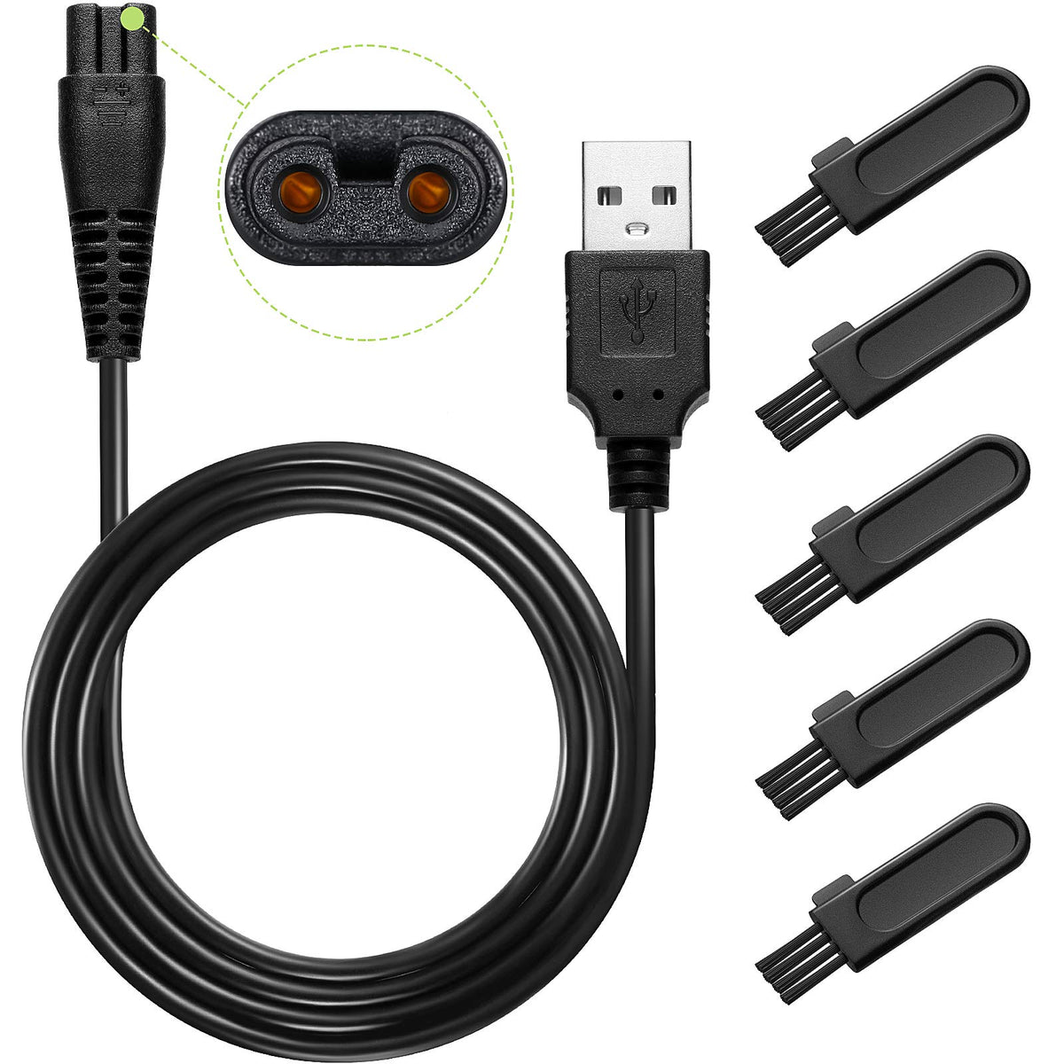 Honoson Head Shaver Power Cord Replacement Shaver Charger Cord Usb Cable Usb Data Line And 5 Pieces Cleaning Brush Clipper Brush