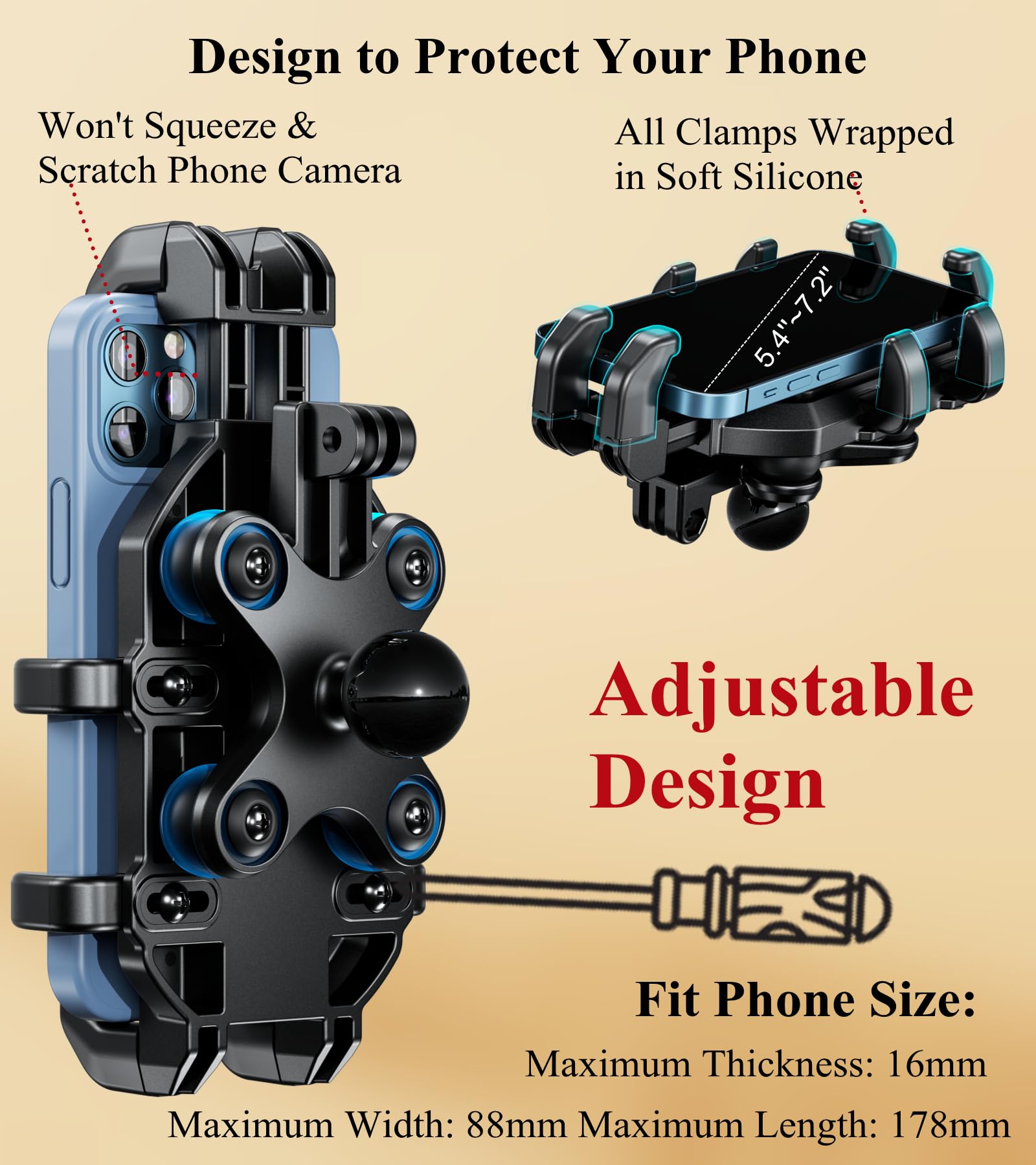 Brcovan 1'' Ball Motorcycle Phone Mount With Vibration Dampener, Adjustable Cell Phone Holder For Atv Utv Bike Scooter, Compatib