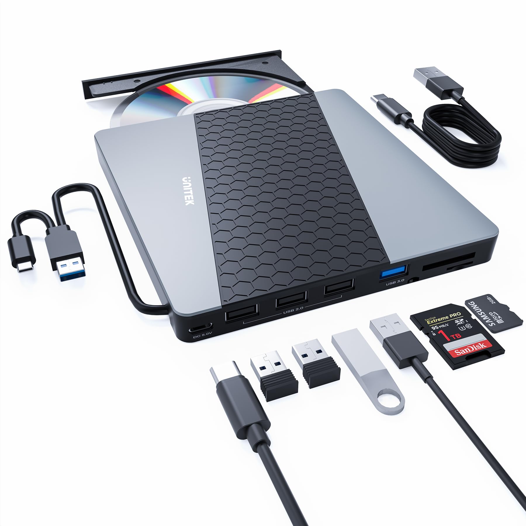 Unitek External Cd Dvd Drive, Usb3.0/Usb C 7 In 1 Portable Cd Dvd Player With Card Reader Usb Hub Cd Rom Burner Reader Supports