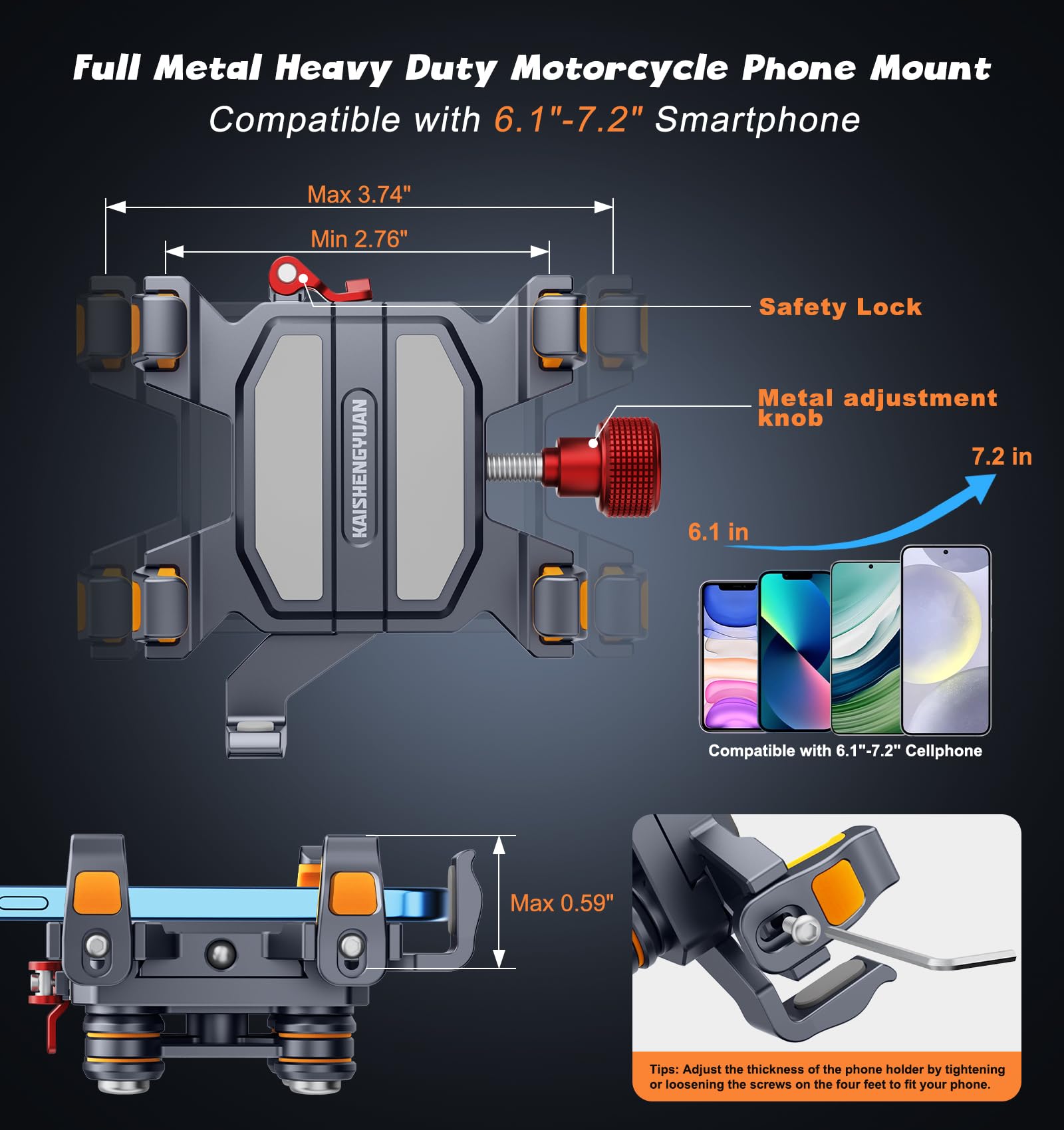 Kaishengyuan Motorcycle Phone Mount With Vibration Dampener & High-Speed Secure Lock, One-Push Anti-Theft Phone Cradle Handlebar