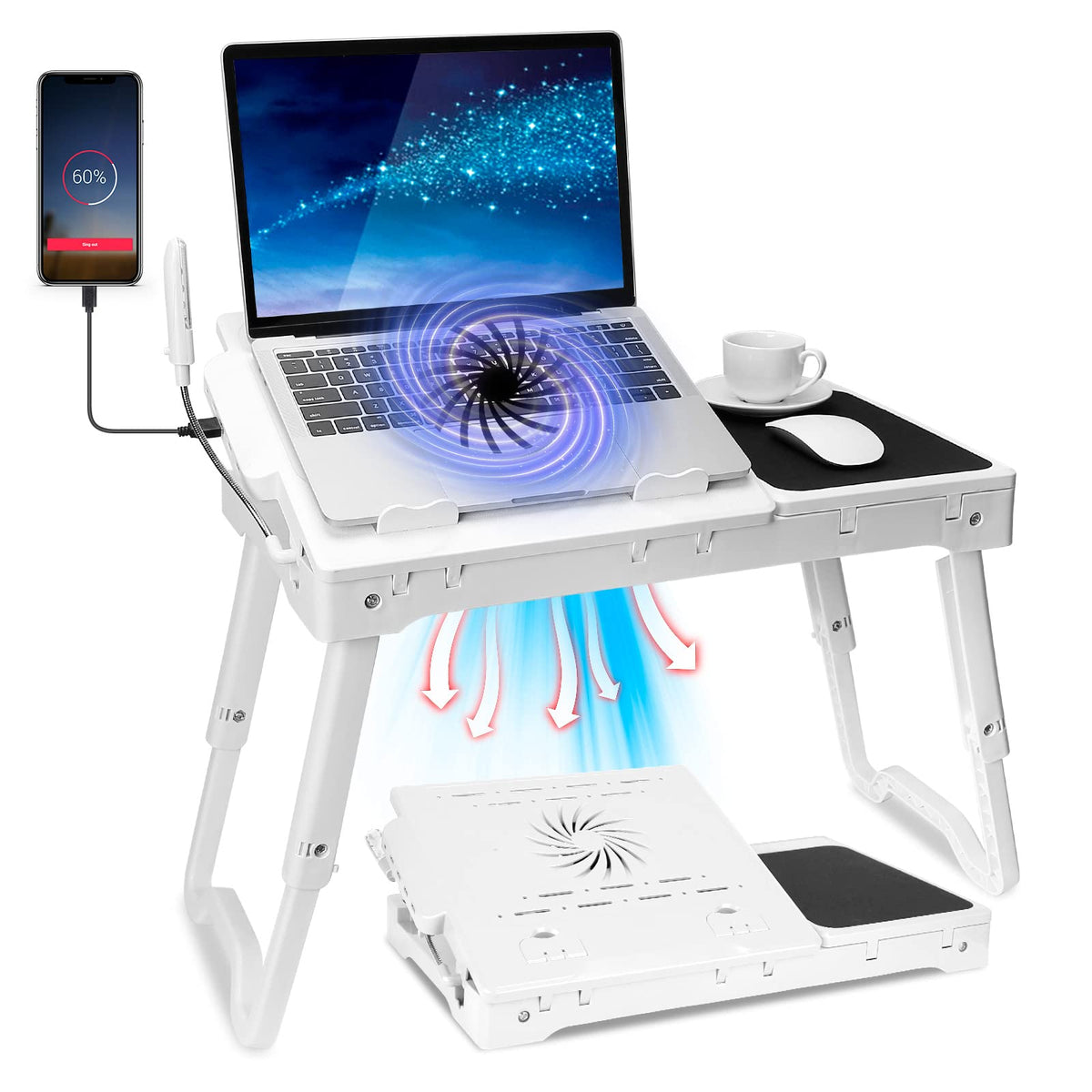Laptop Desk For Bed,Adjustable Laptop Stand Foldable Bed Table Portable Lap Desk Folding Notebook Stand Reading And Writing Tray With 4 Usb Port And Cooling Fan For Bed Couch Sofa Floor (White)