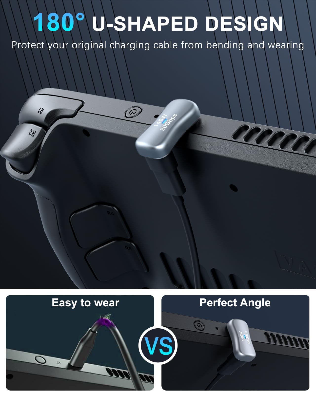 MoKo 180 Degree USB C Adapter 2 Pack, U Shape USB C Male to USB C Female Adapter with PD 140W Fast Charging, USB C Angle Adapter Connector for Steam Deck, Switch, Laptop, Tablet, Phone