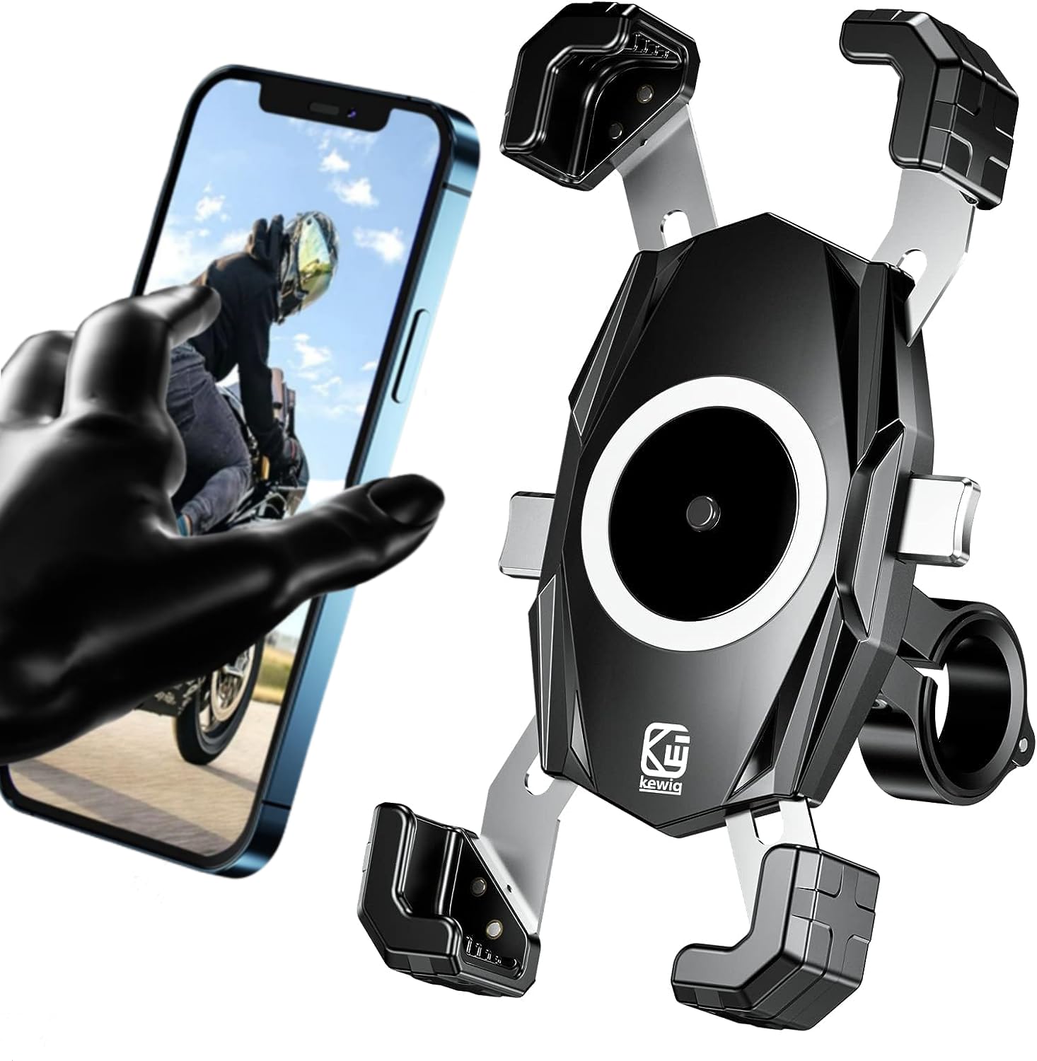 Kewig Motorcycle Phone Mount, Bike Phone Mount, 1S One Push Automatically Lock & Release, Bicycle Scooter Phone Handlebar Clip C