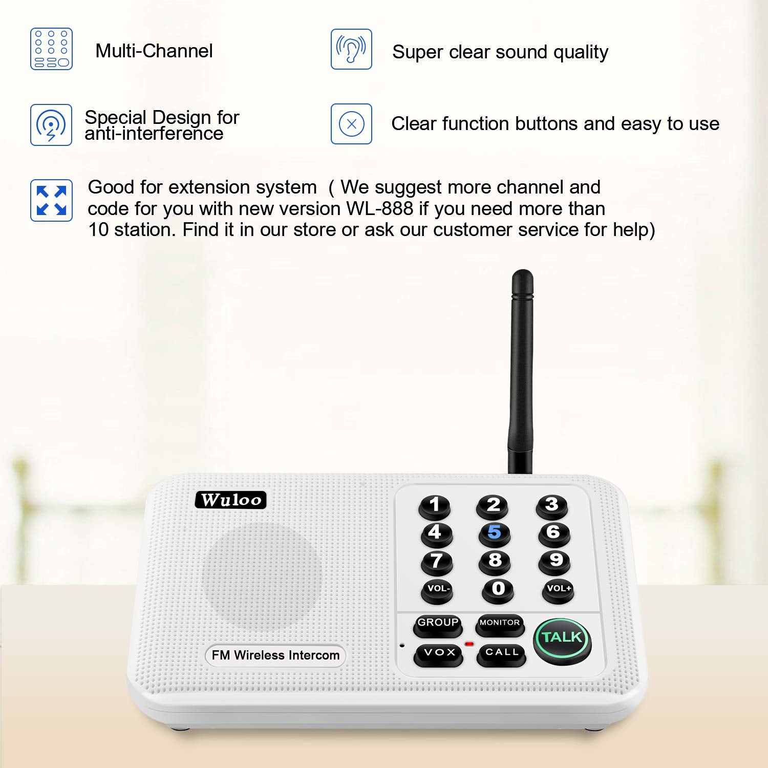Wuloo Intercoms Wireless For Home 5280 Feet Range 10 Channel 3 Code, Wireless Intercom System For Home House Business Office, Room To Room Intercom, Home Communication System (2 Units Set, White)
