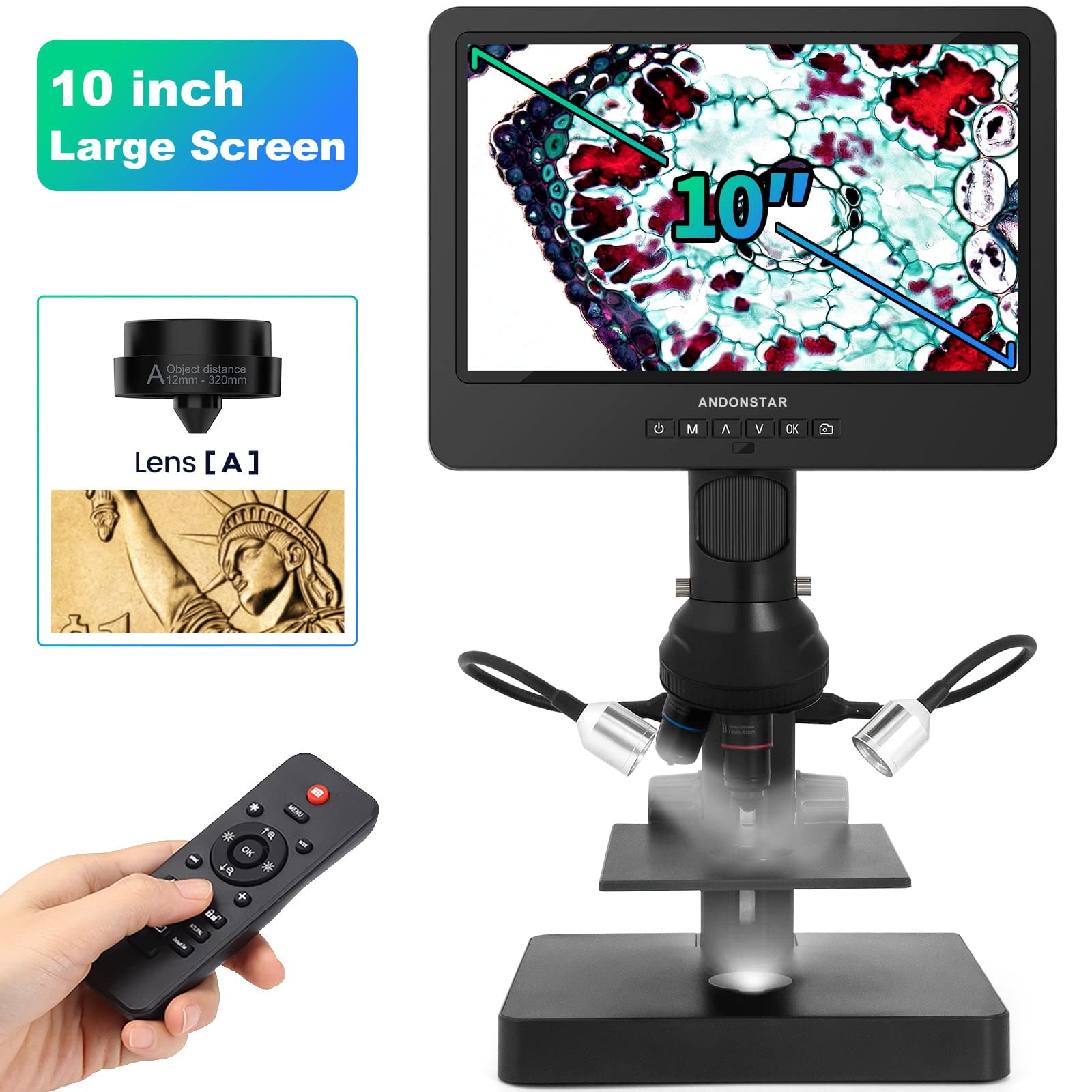 Andonstar Ad249Sp Uhd 2160P Hdmi Digital Microscope 4000X, 3 Lens 10.1 Inch Lcd For Biological Microscope Kit, Pcb Soldering Mic