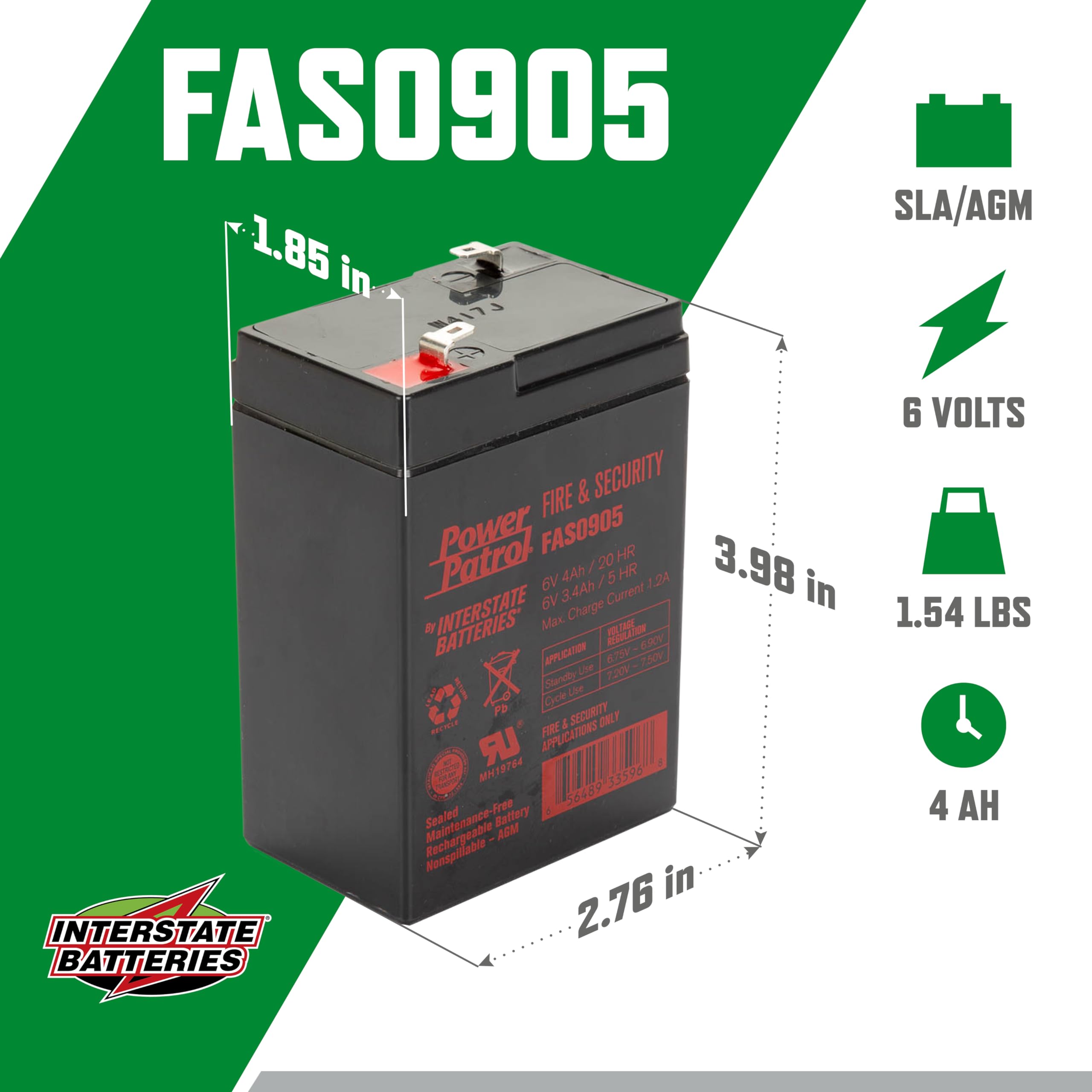 Interstate Batteries 6V 4Ah Fire & Security Battery (F1 Terminal) Sla Agm Vrla Power Patrol Rechargeable Replacement For Fire Al