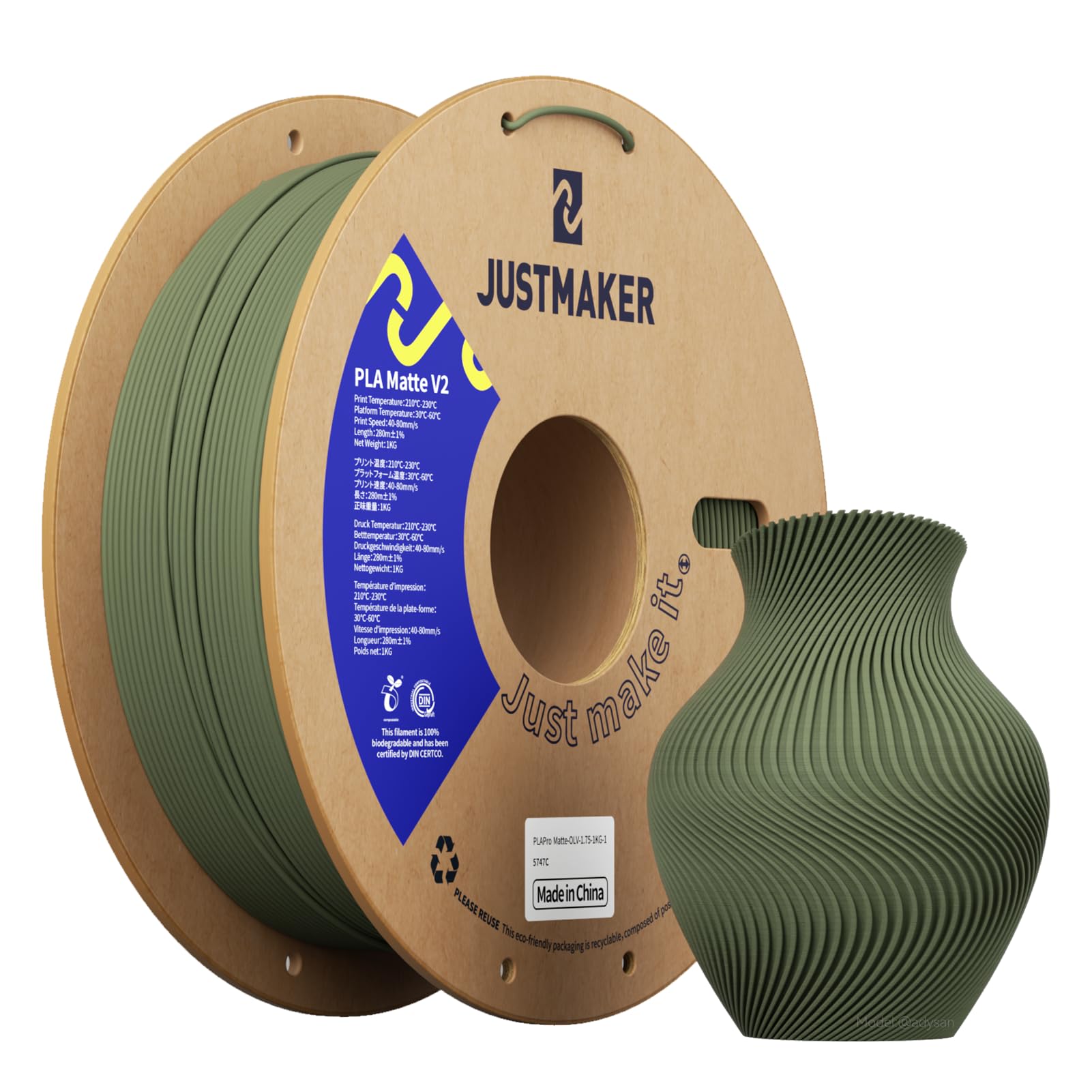 JUSTMAKER PLA Matte 3D Printer Filament, Upgrade Cardboard Spool, Print with Most 3D Printers, Dimensional Accuracy +/-0.03mm, 1