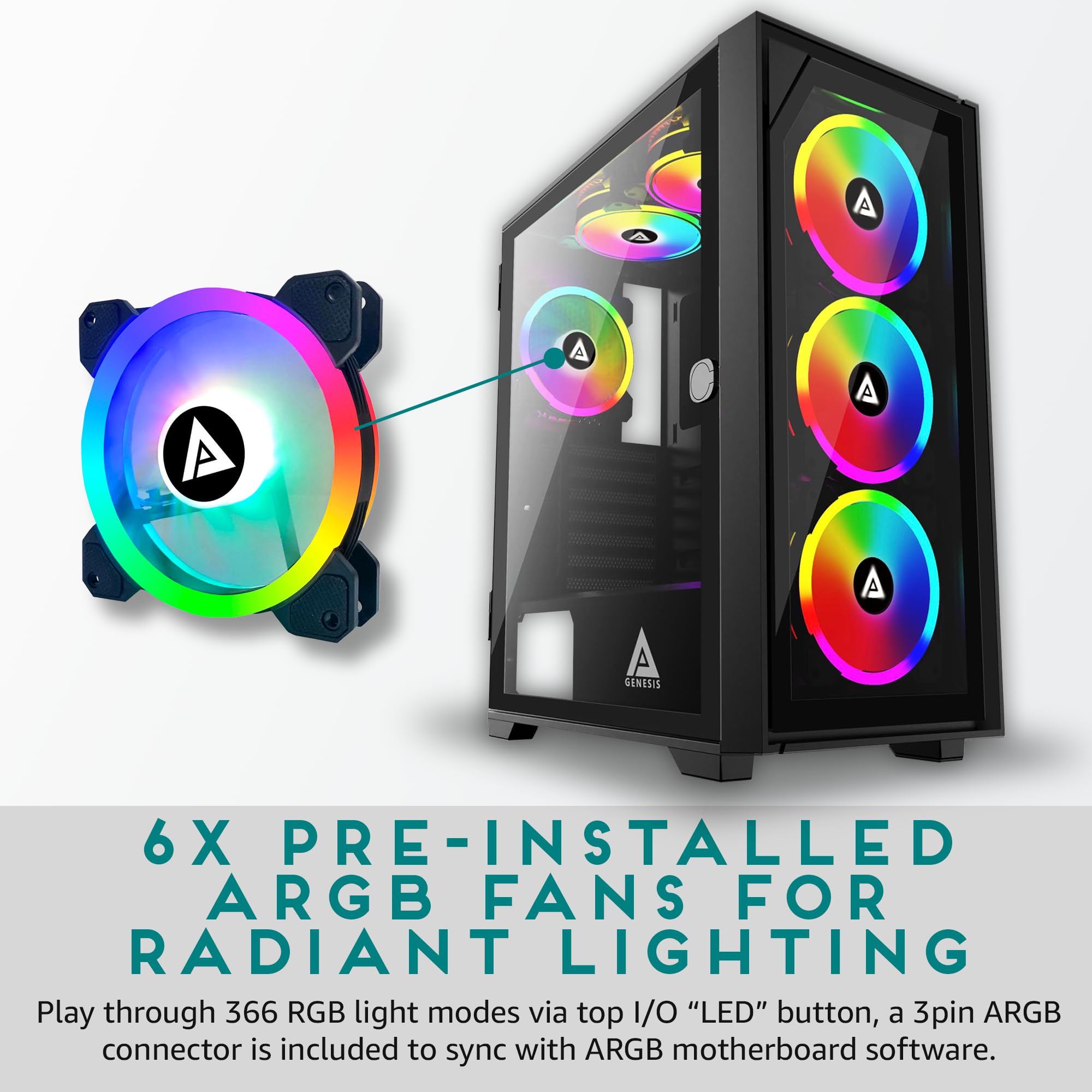 Apevia Genesis Pro G Pro Bk Mid Tower Gaming Case With 2 X Tempered Glass Panel, Top Usb3.0/Usb2.0/Audio Ports, 6 X Rgb Fans, Bl