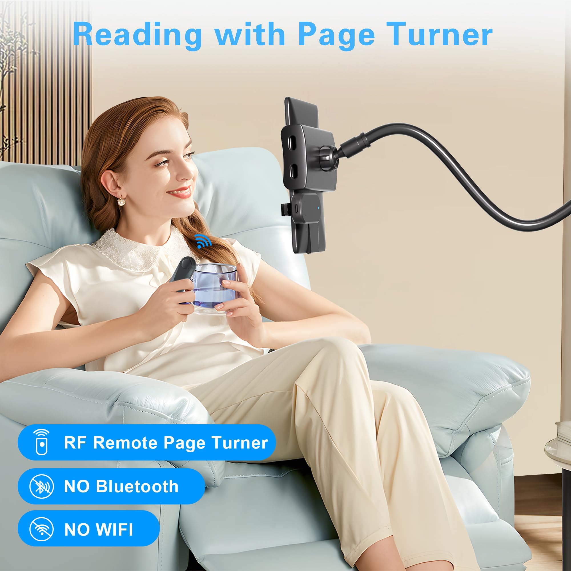 Kefotic Gooseneck Tablet Holder For Kindle Reading In Bed With Page Turner Remote, Hands Free Desk Bedside Lazy Arm Stand For Ki