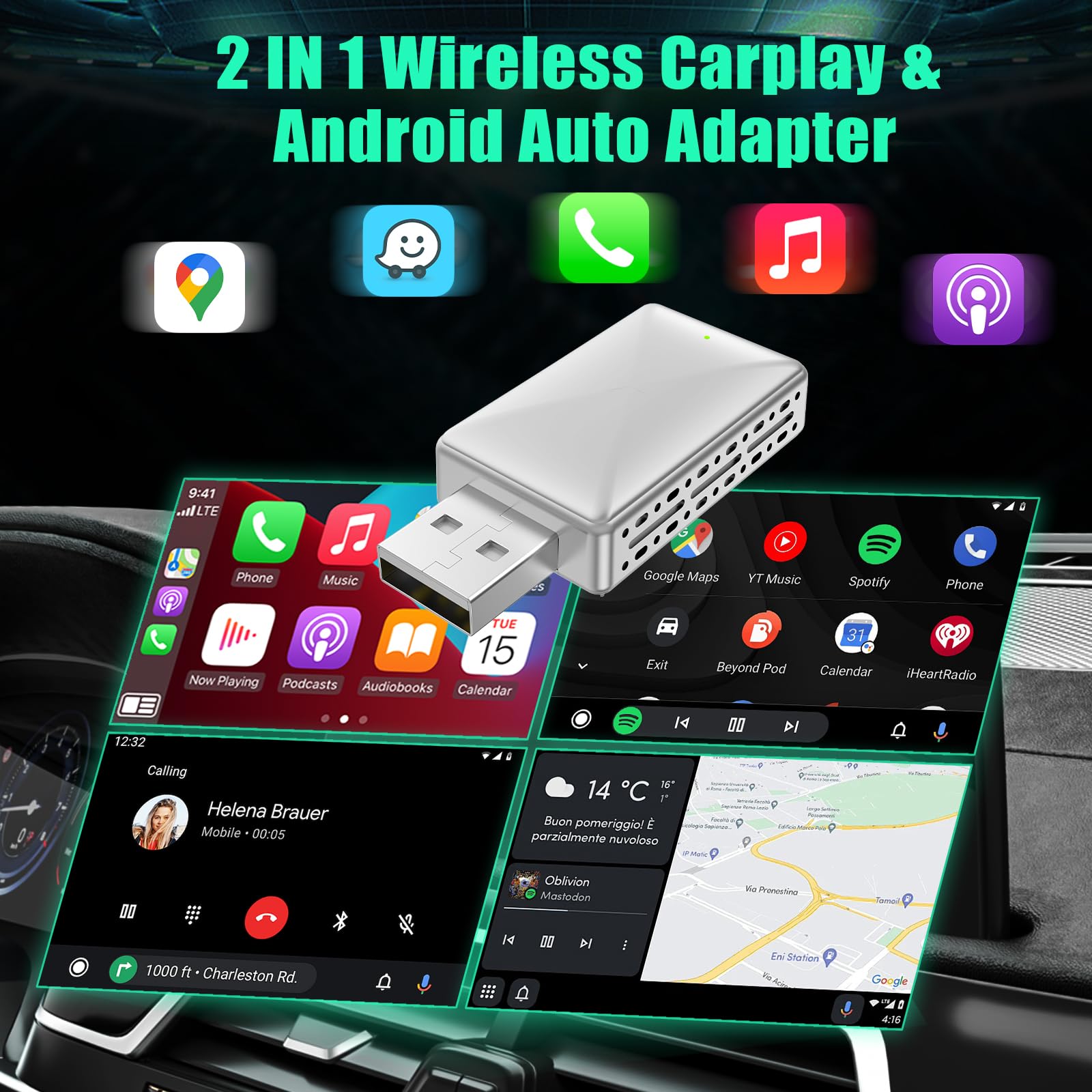 2 In 1 Android Auto Wireless Adapter,Wireless Carplay Adapter For Iphone,Wired To Wireless Adapter For Wired Cars,Plug And Play,