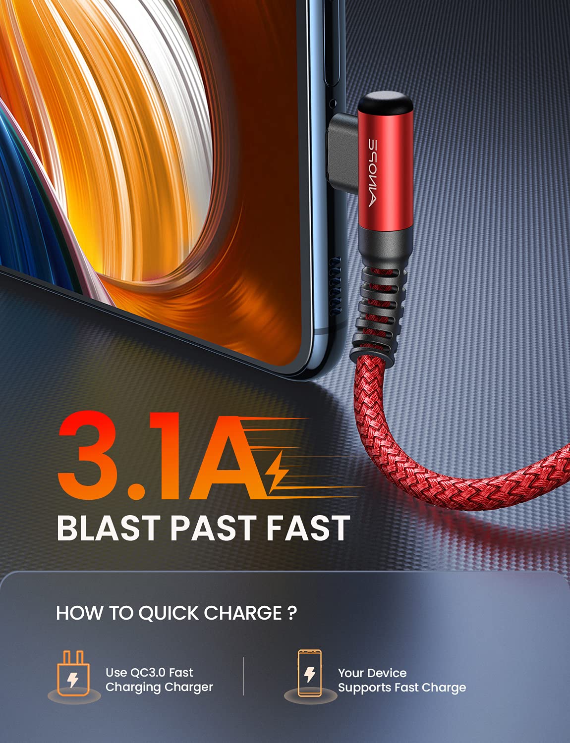 Ainope Usb Type C Cable 3.1A Fast Charger (2 Pack, 10Ft+10Ft) Right Angle Usb A To Usb C Cable, Resistant Nylon Braided Usb C Ch