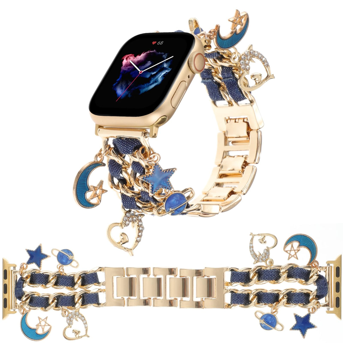 Realsign Stylish Metal Wristband Compatible With Apple Watch Band 38Mm 40Mm 41Mm,Cuban Chain With Blue Jean Bracelet Star Moon L