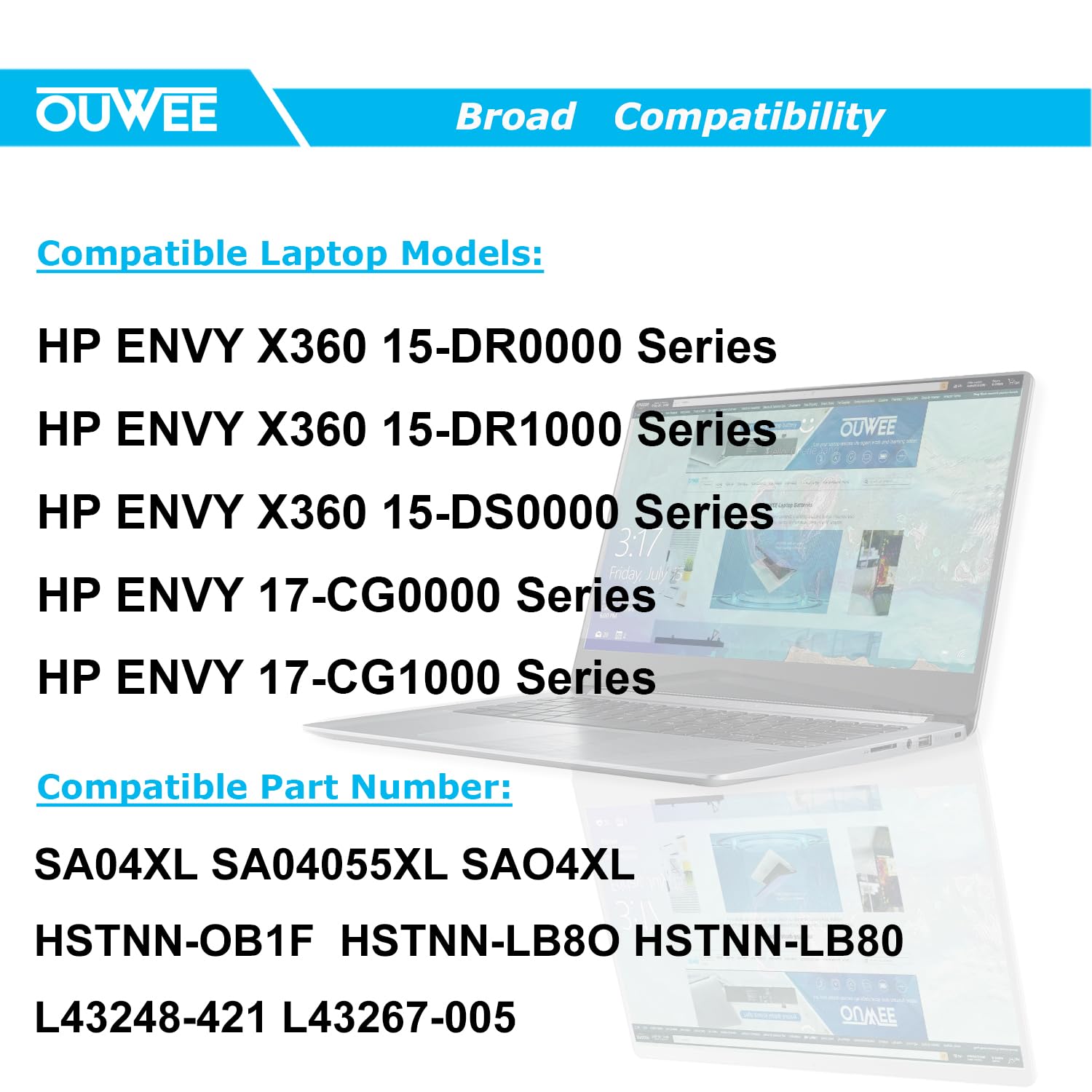 Ouwee Sa04Xl Laptop Battery Compatible With Hp Envy X360 15 Dr 15 Dr0010Tx Series Notebook Hstnn Ob1F Hstnn Ob1G Hstnn Ub7U L432