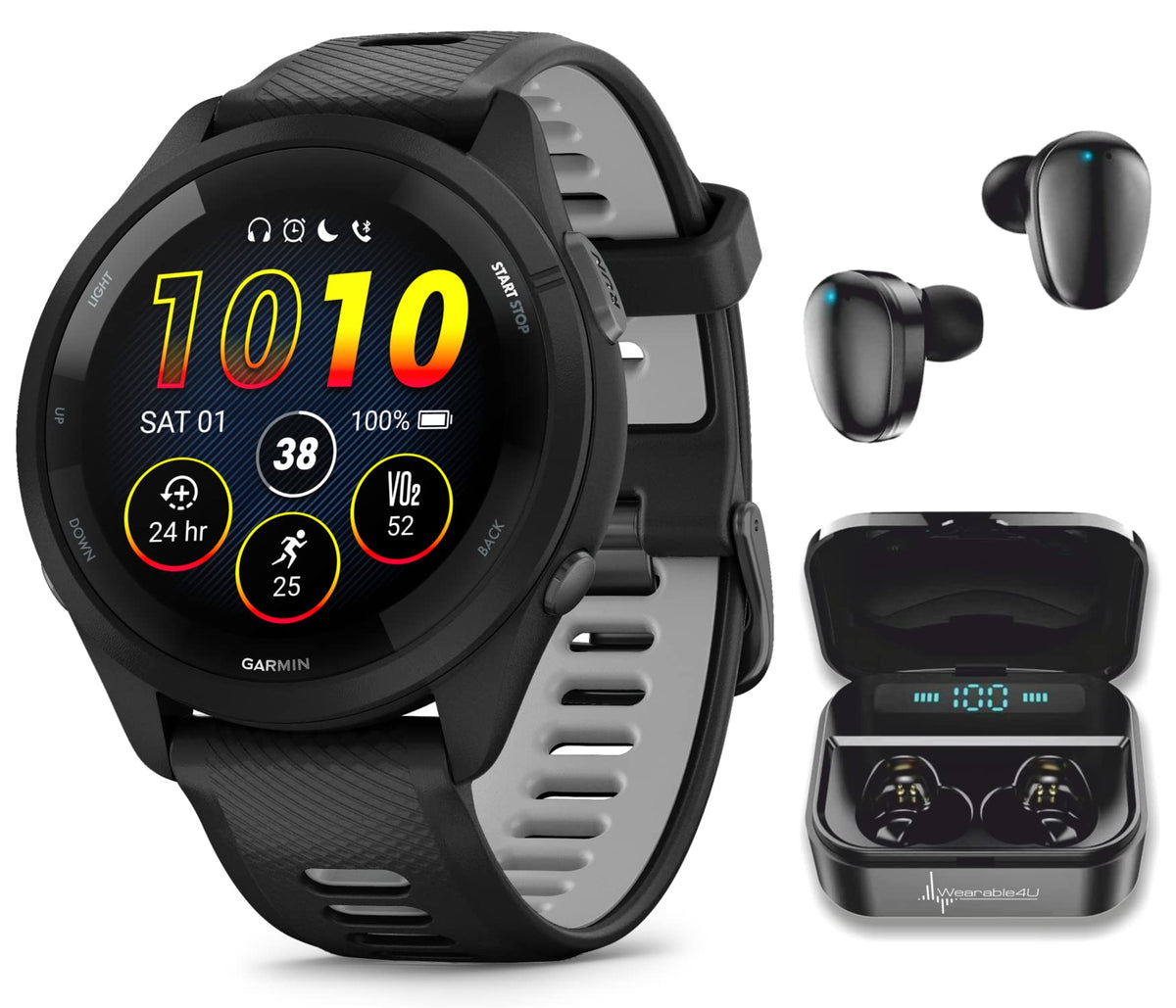 Wearable4U Garmin Forerunner 265 Music Gps Running 46 Mm Smartwatch, Black With Amoled 1.3 In Touchscreen Display Black Earbuds
