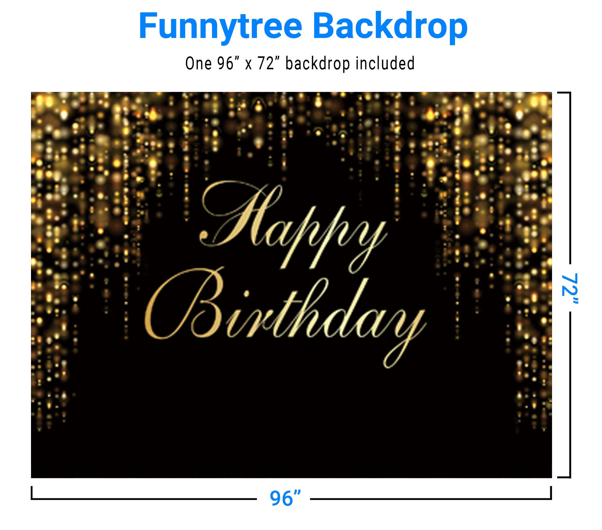 Funnytree 96'' X 72'' Happy Birthday Party Backdrop Black And Gold Glitter Bokeh Sequin Spots Photography Background Golden Spar