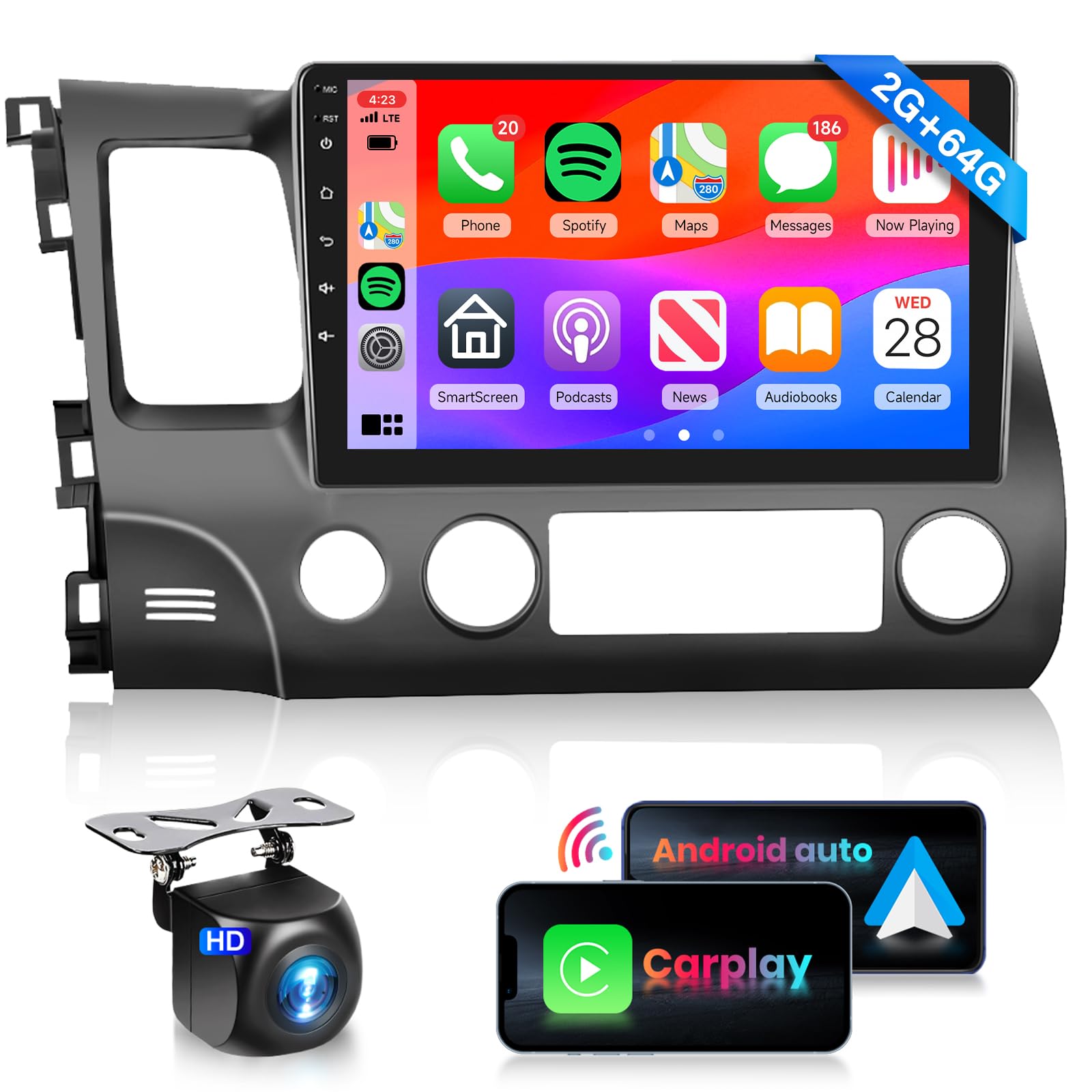 Podofo ?Hifi 16Eq? 2G 64G Car Stereo Radio For Honda Civic 2006 2011 Carplay Android Auto Mirrorlink, 10.1 Inch 1080P Hd Ips Touch Screen Civic Car Radio Gps Wifi Rds Fm Radio Ahd Backup Camera