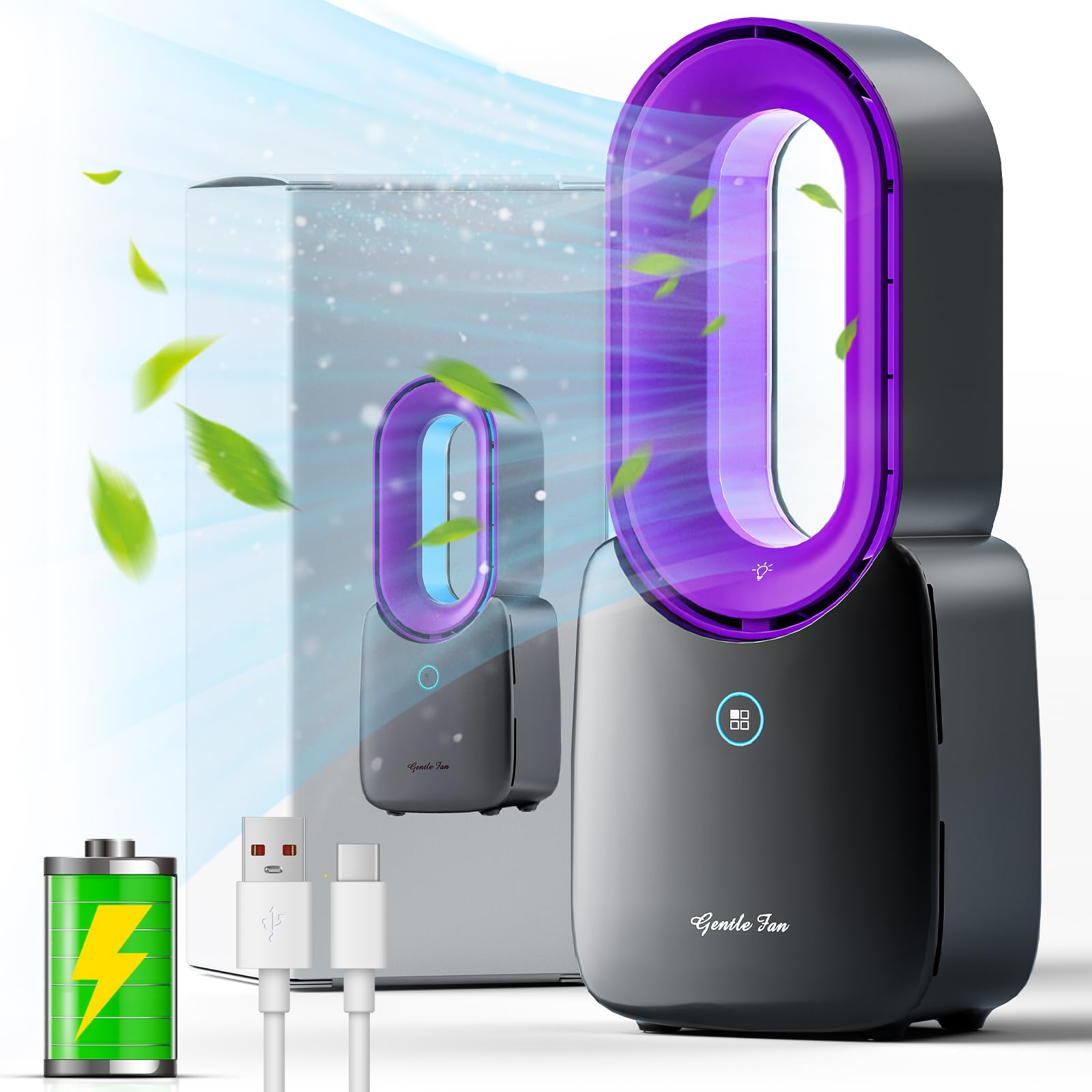 Misby 5 Color Personalized Led Light Rechargeable Desk Fan, Usb Bladeless Table Fan Of 11.8 Inch, Purple Desk Fans Small Quiet F