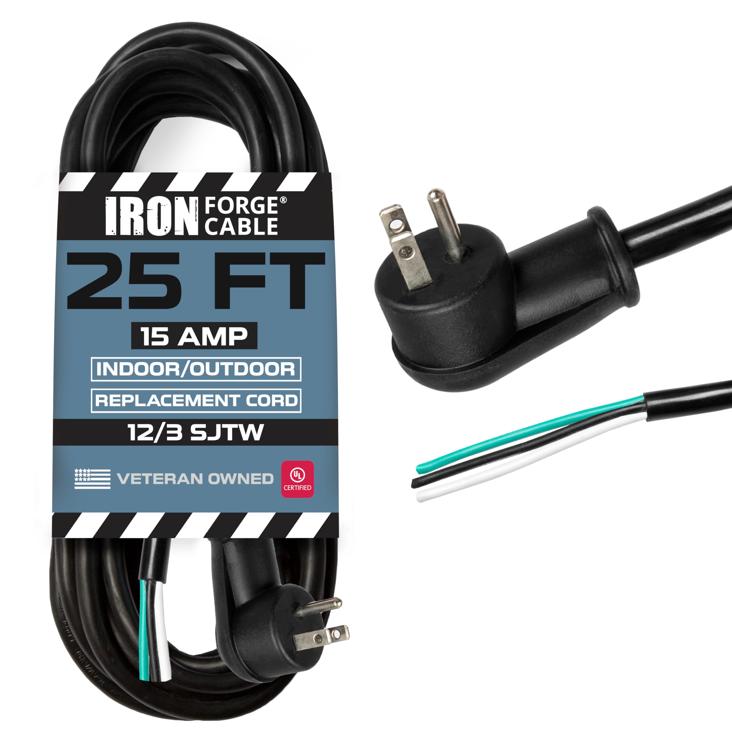 Iron Forge Cable 90 Degree Slim Plug Head Replacement Power Cord With Open End   25 Ft Black,12/3 Sjtw, Cord For Universal Ac Ap