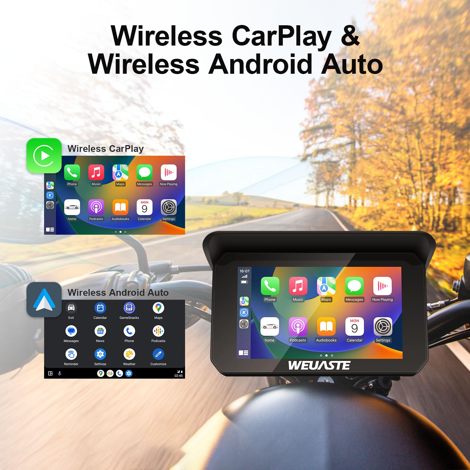 Weuaste Portable Motorcycle Dvr, Motorcycle Tpms, Wireless Apple Carplay & Android Auto Gps Navigation For Motorcycle, Upgrade M