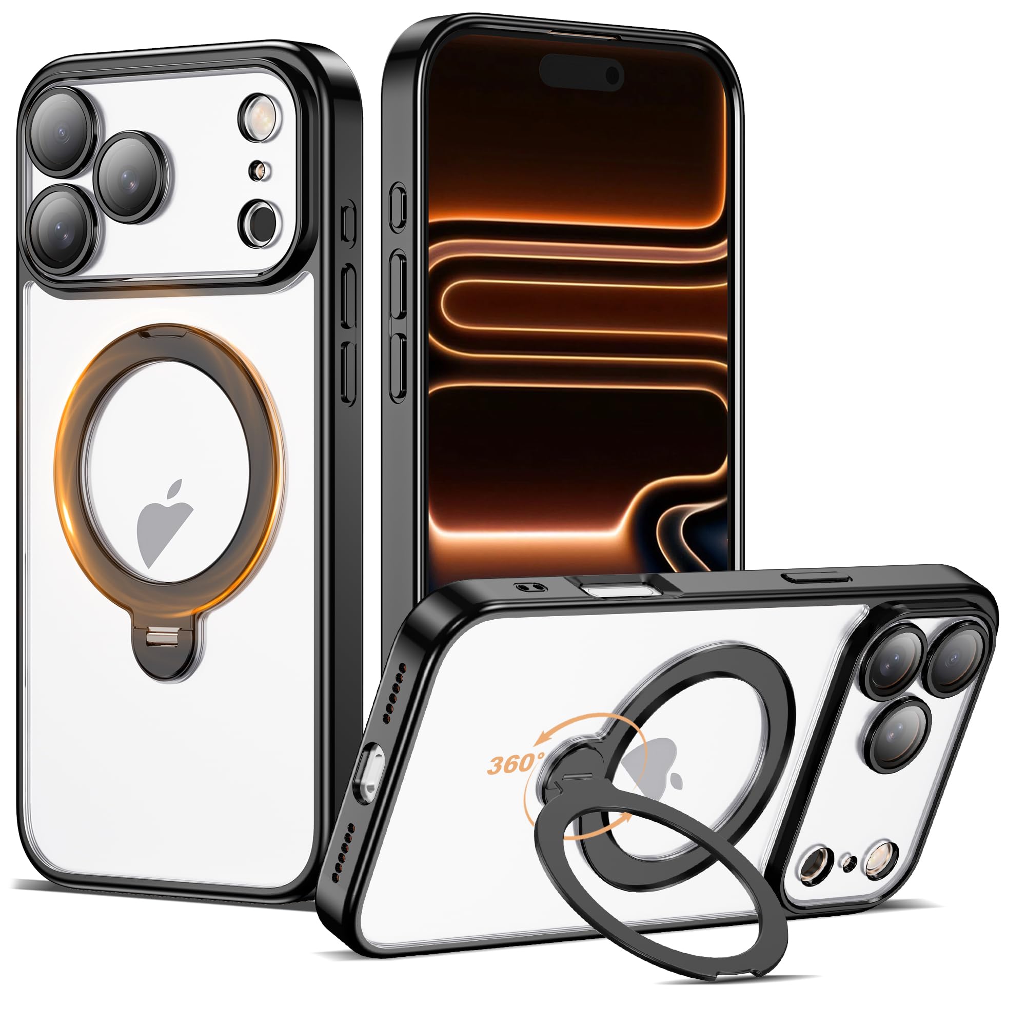 AmoraAqua Compatible with iPhone 17 Pro Case with 360 Spin Magnetic Ring Stand [Compatible with Mag-Safe] Camera Lens Protector 