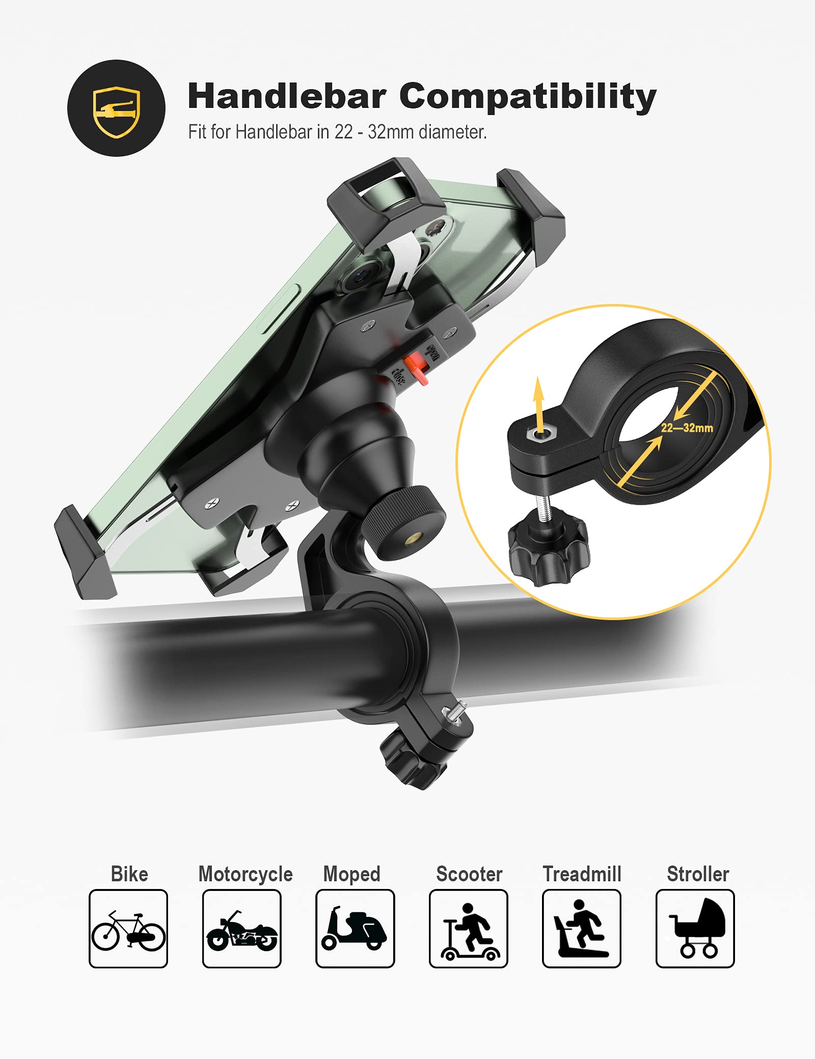 Grefay Bike Phone Mount Metal Motorcycle Handlebar Phone Holder Scooter Phone Clamp For 4.0-7.0 Inch Smartphone With 360 Rotatio