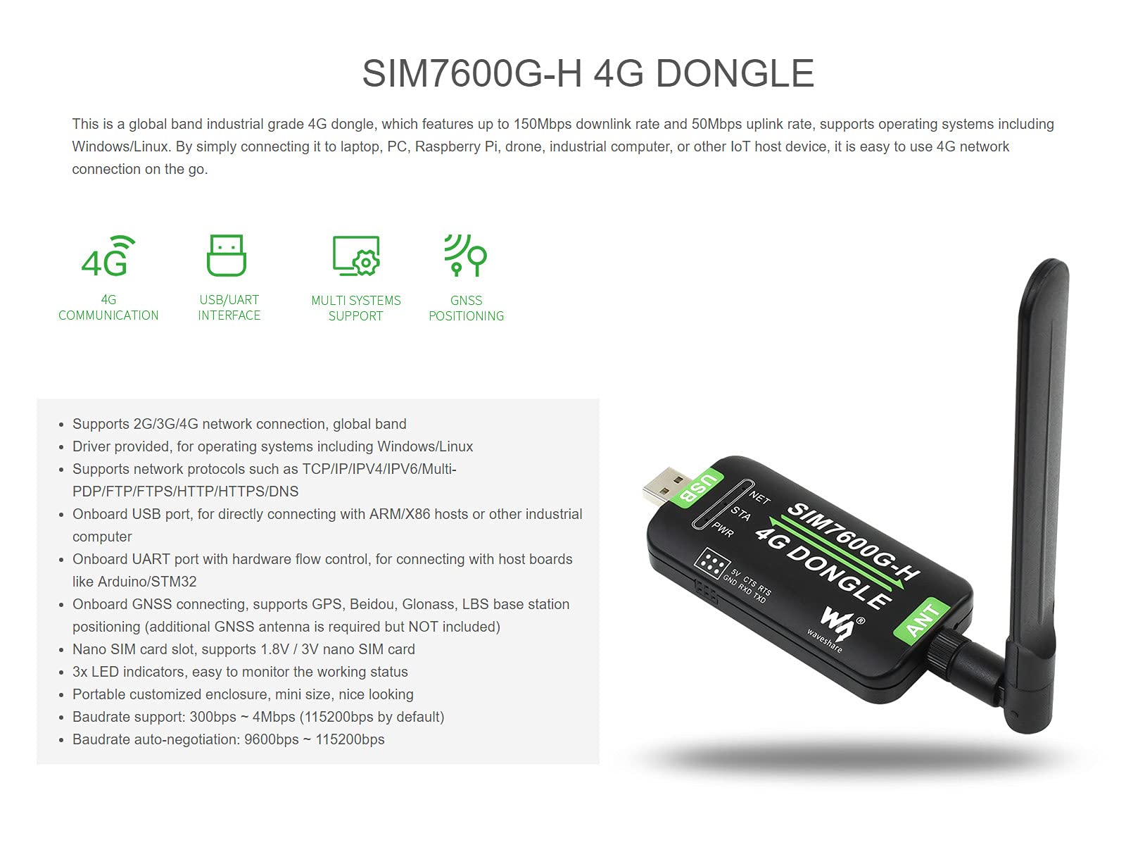 Waveshare Sim7600G H 4G Dongle With Antenna With Industrial Grade 4G Communication And Gnss Positioning Peripheral Supports Glob