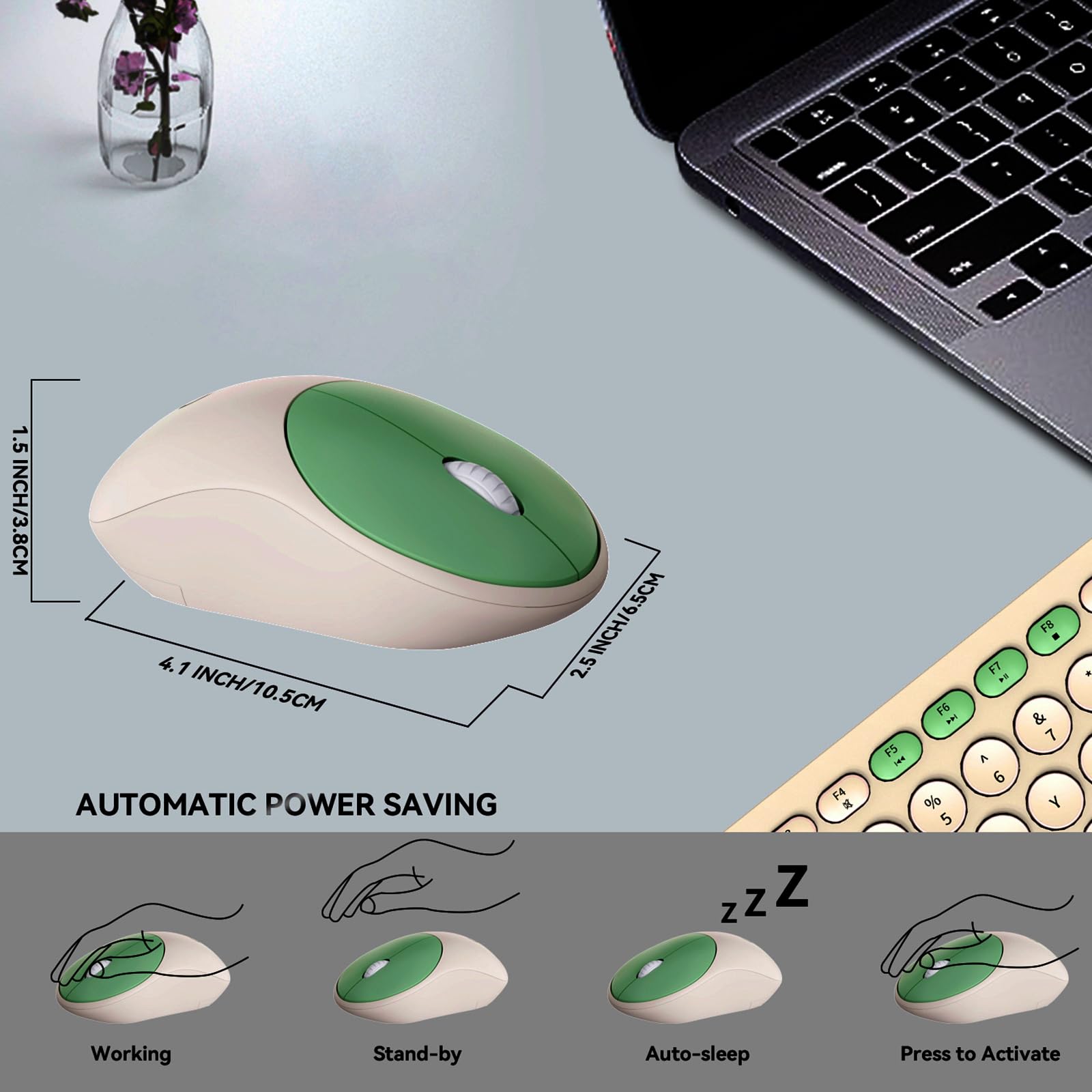 Fd Wireless Keyboards And Mouse Combo   2.4Ghz Usb Cordless, Cute Wireless Keyboard Round Keys, Quiet And Slim Set For Laptop, C