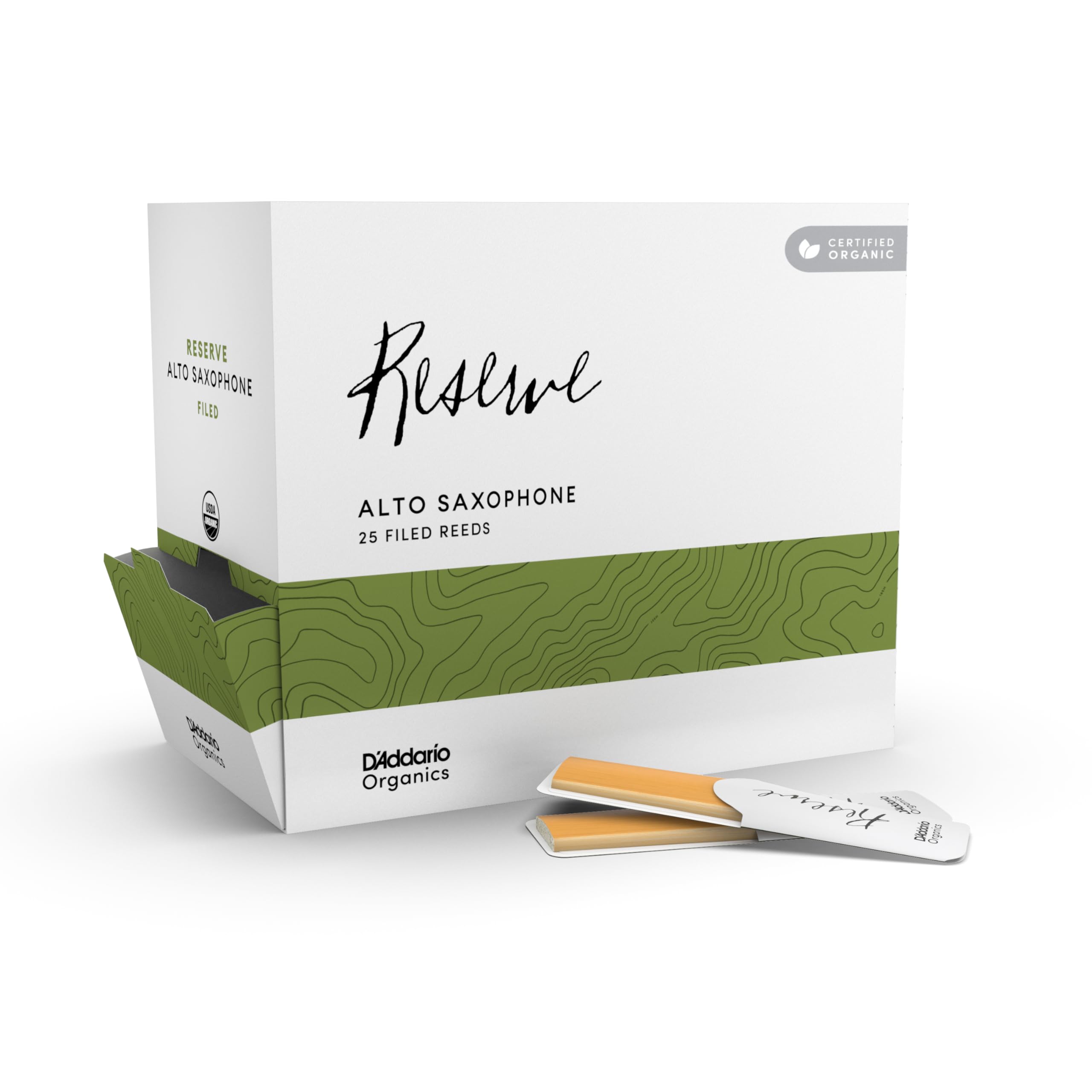 Daddario Organic Reserve Alto Saxophone Reeds   Filed, Strength 2, 25 Pack