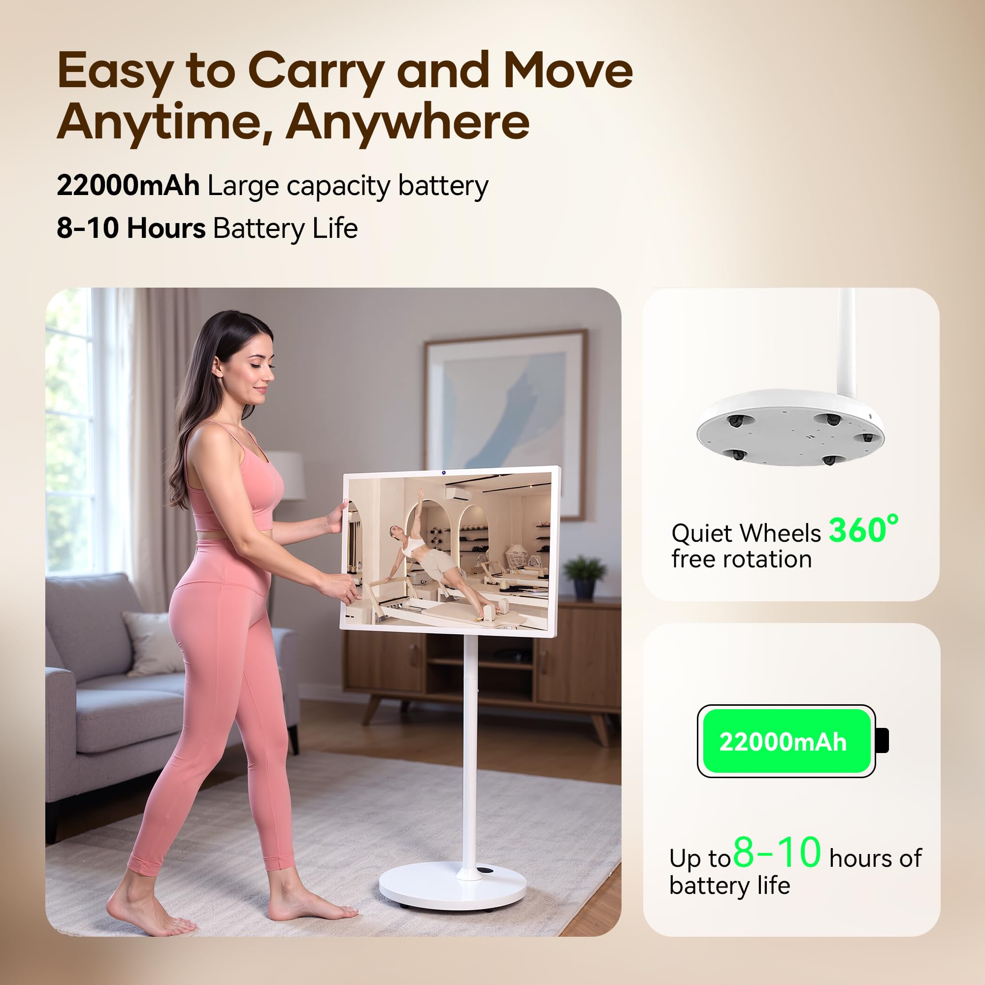 32-Inch Portable Smart Tv On Wheels With Touch Screen Monitor | 8G Ram +128G Storage | 8-Core Cpu Qualcomm | Built-In 8-10H Batt