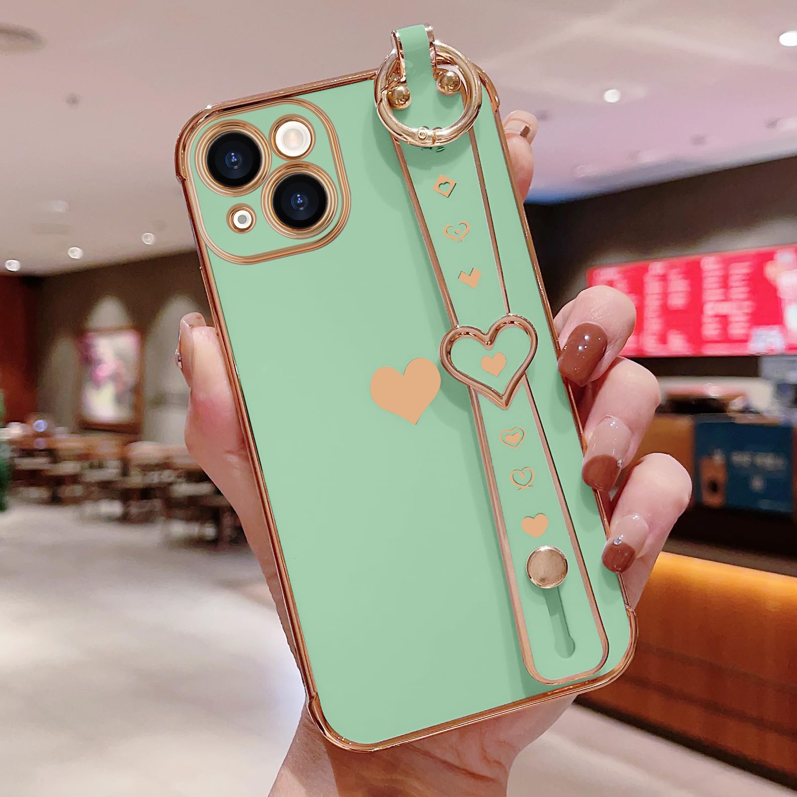 Llz.Coque For Iphone 14 Plus Case Cute Love Heart Plating Strap Phone Cover For Women Girls Bling Silicone Camera Lens Protectio