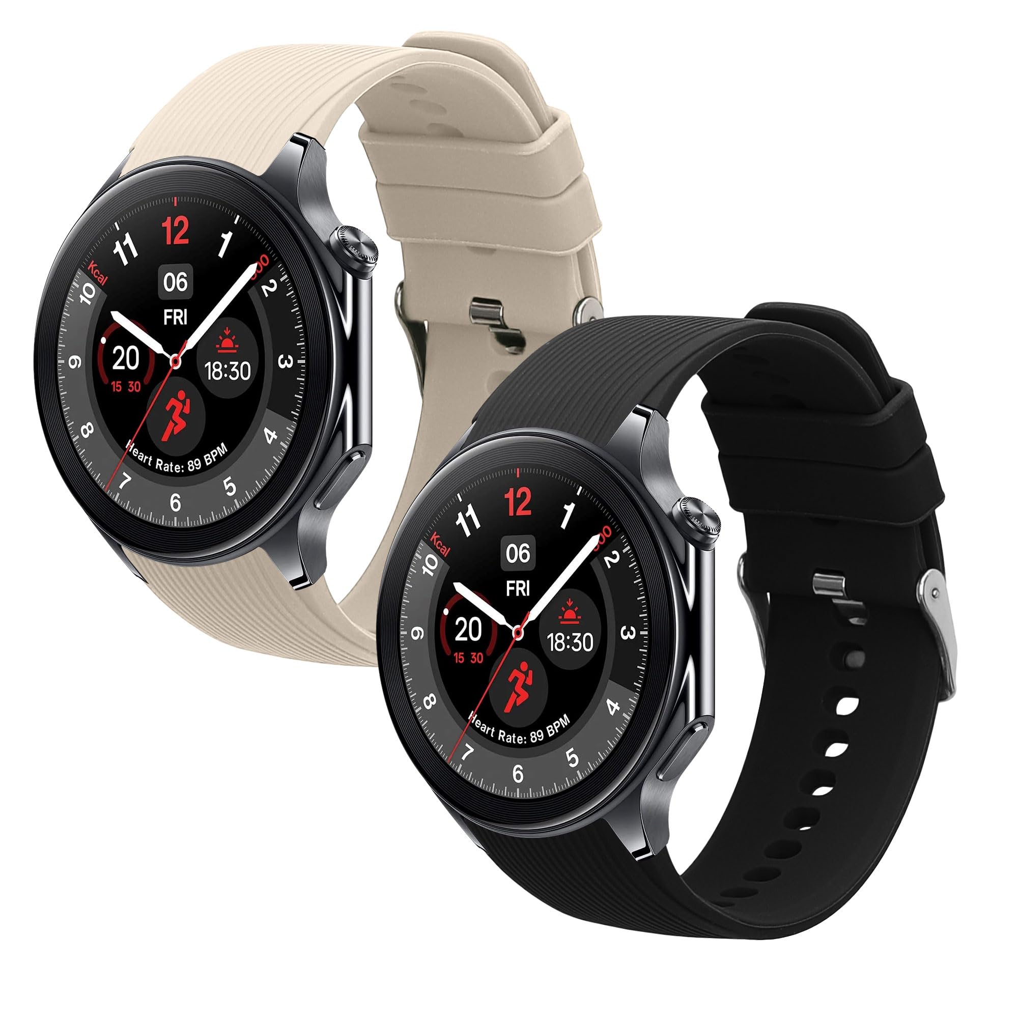 kwmobile Straps Compatible with OnePlus Watch 3/2 / 2R / Oppo Watch X2 Straps - 2x Replacement Silicone Watch Bands - Black/Crea