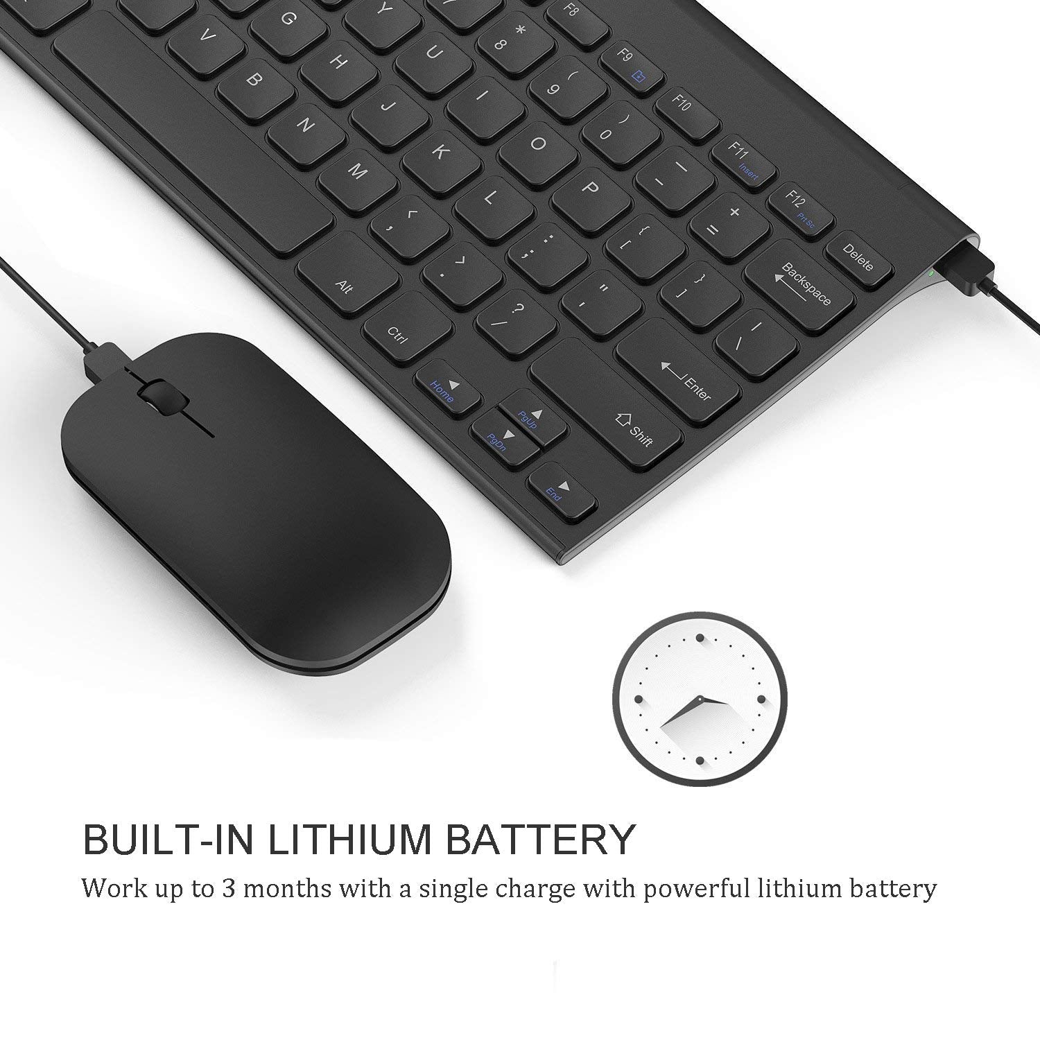 Rechargeable Wireless Keyboard Mouse Combo, Seenda Ultra Slim Small Compact Keyboard And Mouse With Long Battery Life For Windows Laptop Computer, Black