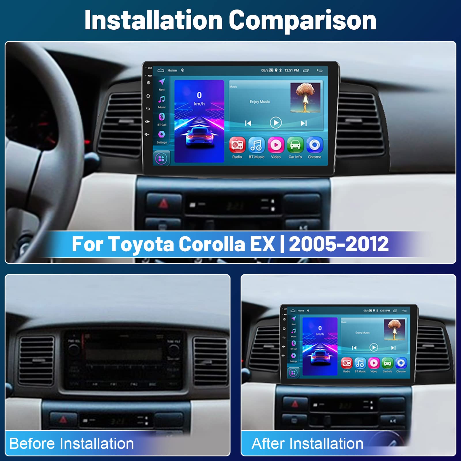 Roinvou [2G+64G] Car Radio For Toyota Corolla Ex 2005 2012 With Wireless Carplay/Android Auto, 9 Inch Android 13 Ips Touch Scree