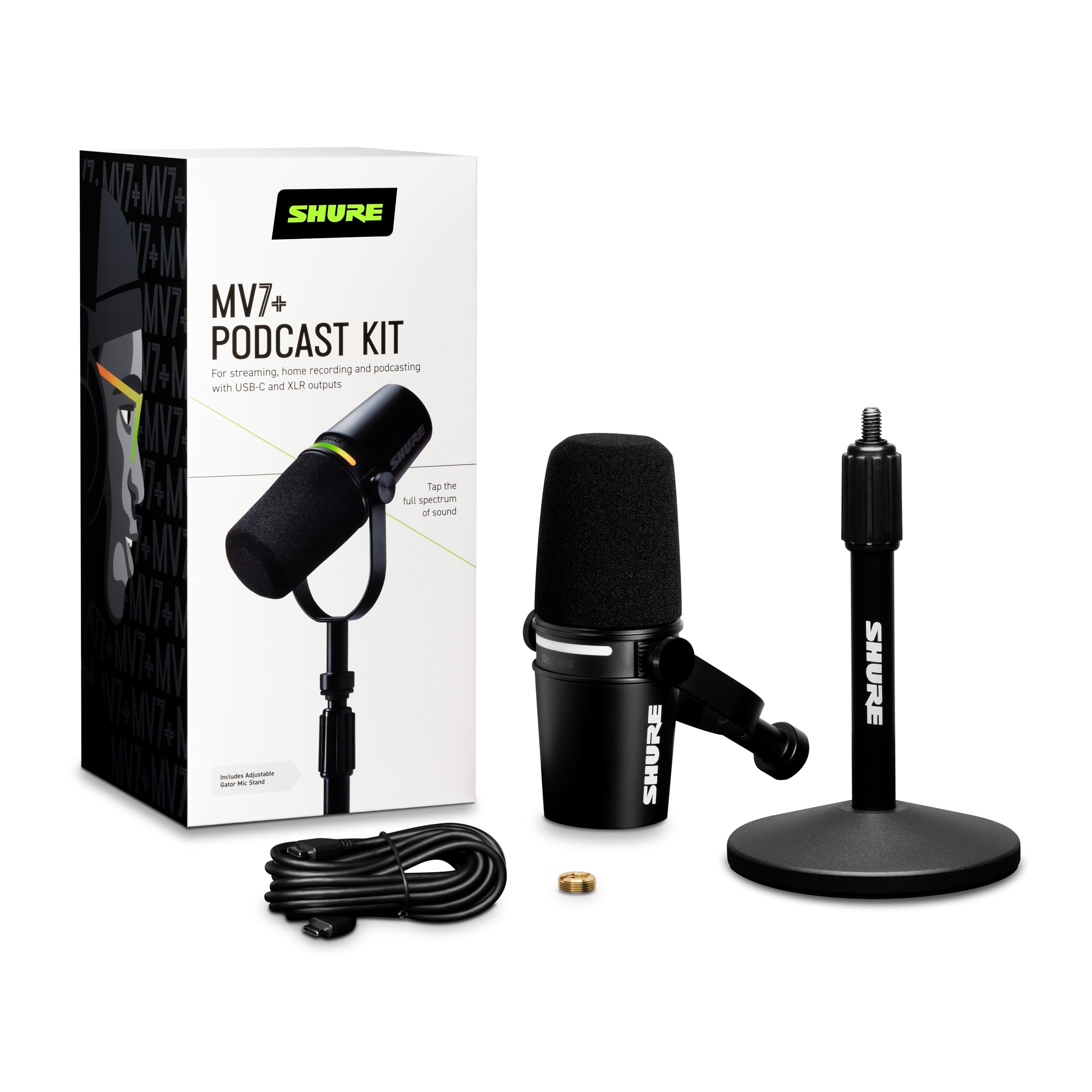 Shure Mv7+ Podcast Dynamic Microphone With Stand. Obs Certified, Enhanced Audio, Led Touch Panel, Usb C & Xlr Outputs, Auto Leve