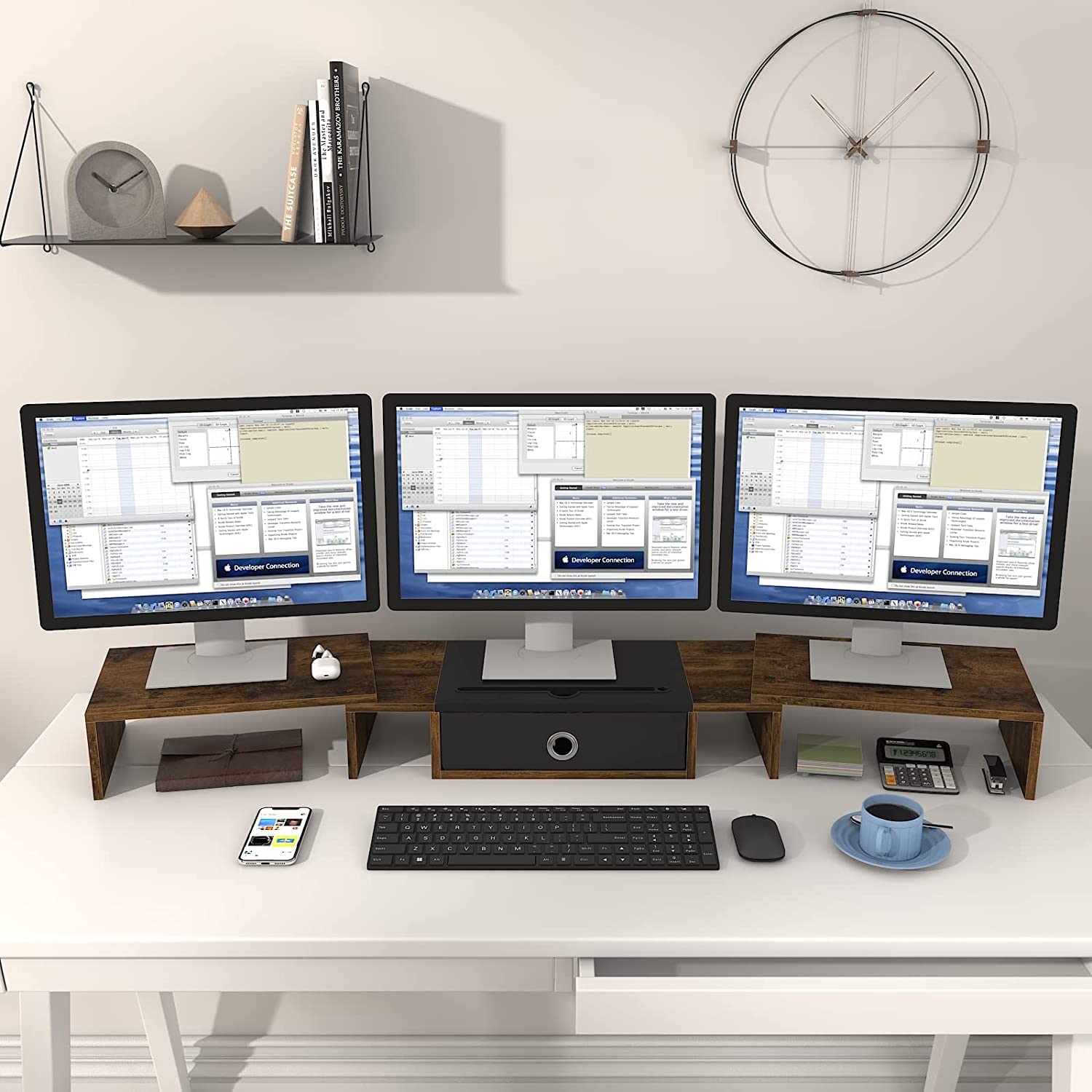Westree Triple Dual Monitor Stand Riser With Drawer,Extra Large Adjustable For 2~3 Monitors,Solt For Phone & Tablet, Desktop Org