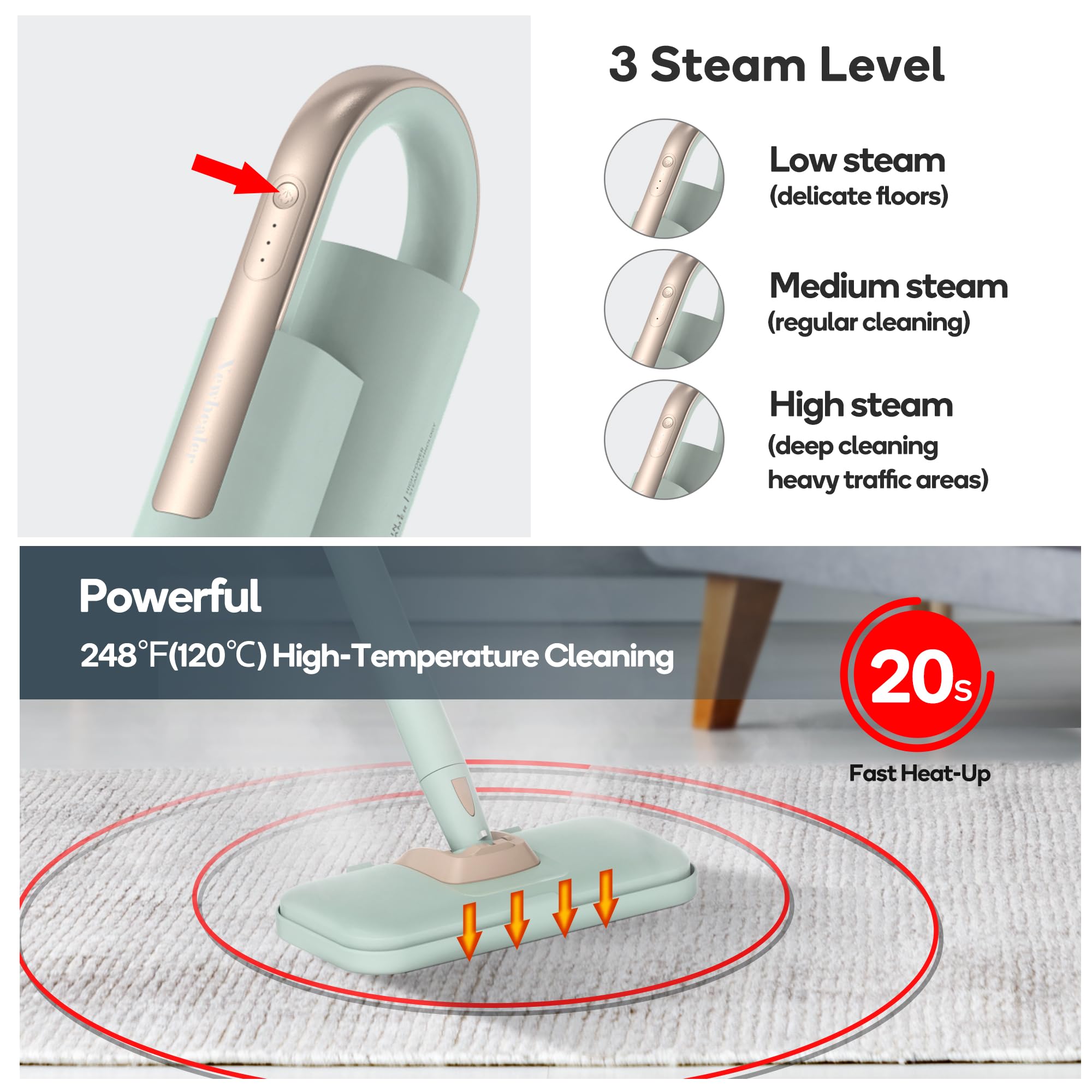 Newbealer Steam Mop & Detachable Handheld Cleaner, 250Ml 1200W Powerful Floor Steamer, 3 Adjustable Levels For Carpet Laminate H
