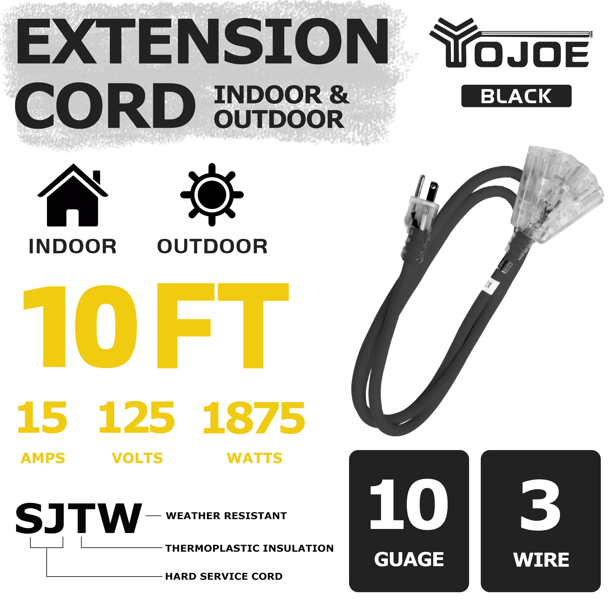 Yojoe 3 Outlets Indoor Outdoor Extension Cord With Lighted End, 3 Prong 15A Weatherproof Power Cord, 10 Gauge Heavy Duty 10 Ft B