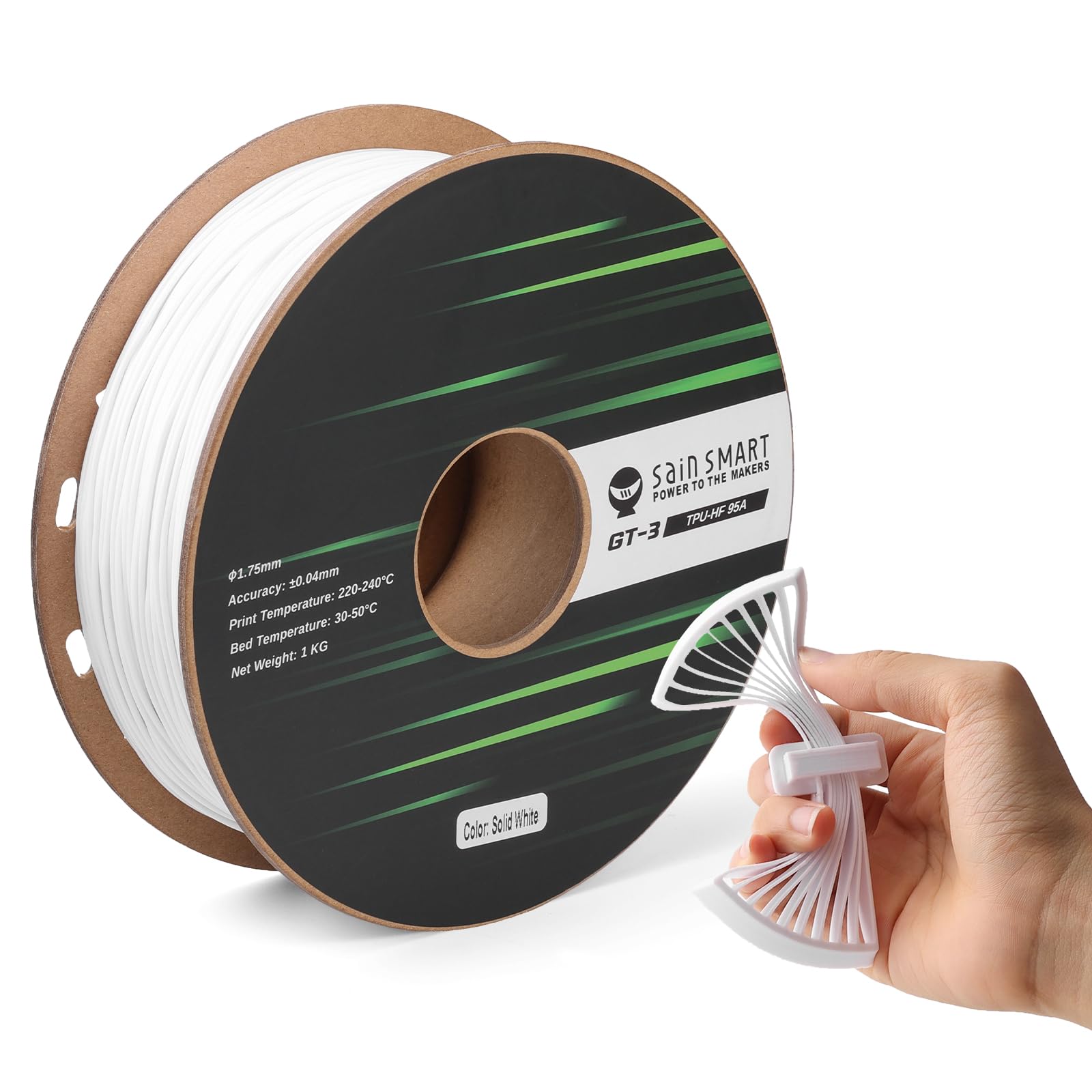 SainSmart High Flowability Solid Colour TPU Filament 1.75 mm for High Speed Printing 500 mm/s, 1 kg, White